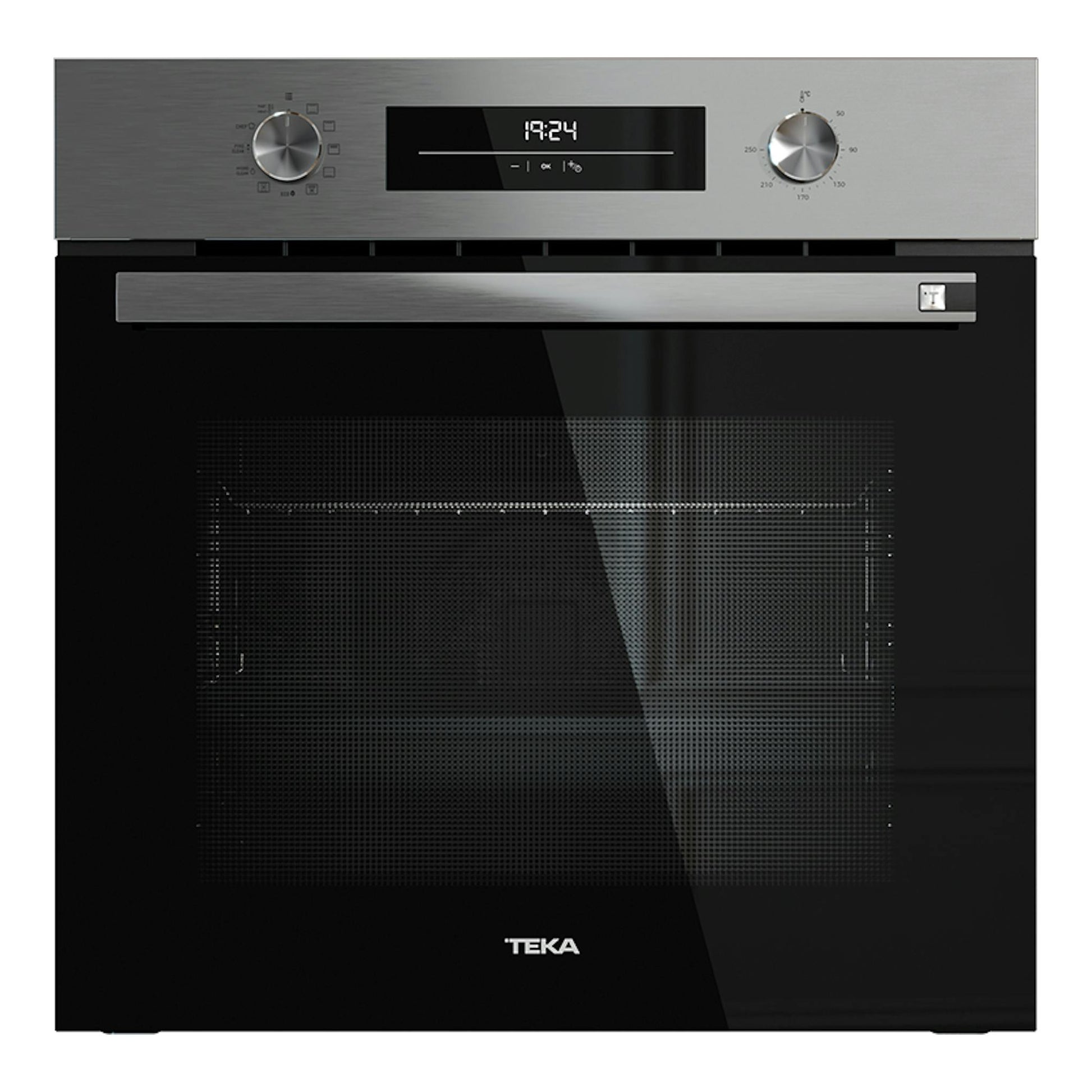Horno Teka HSB6250P Inox, vista frontal, puerta negra y panel superior de acero inoxidable con display digital.