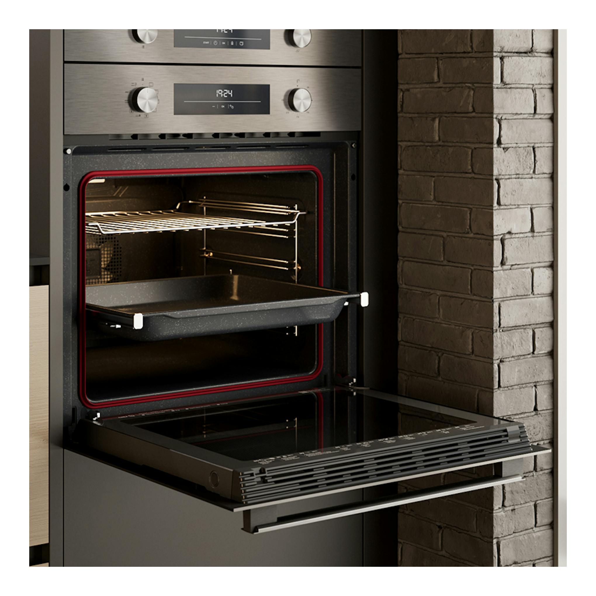 Horno Teka HSB6250P inox, vista frontal, puerta abatible abierta, interior negro con bandeja extraíble.