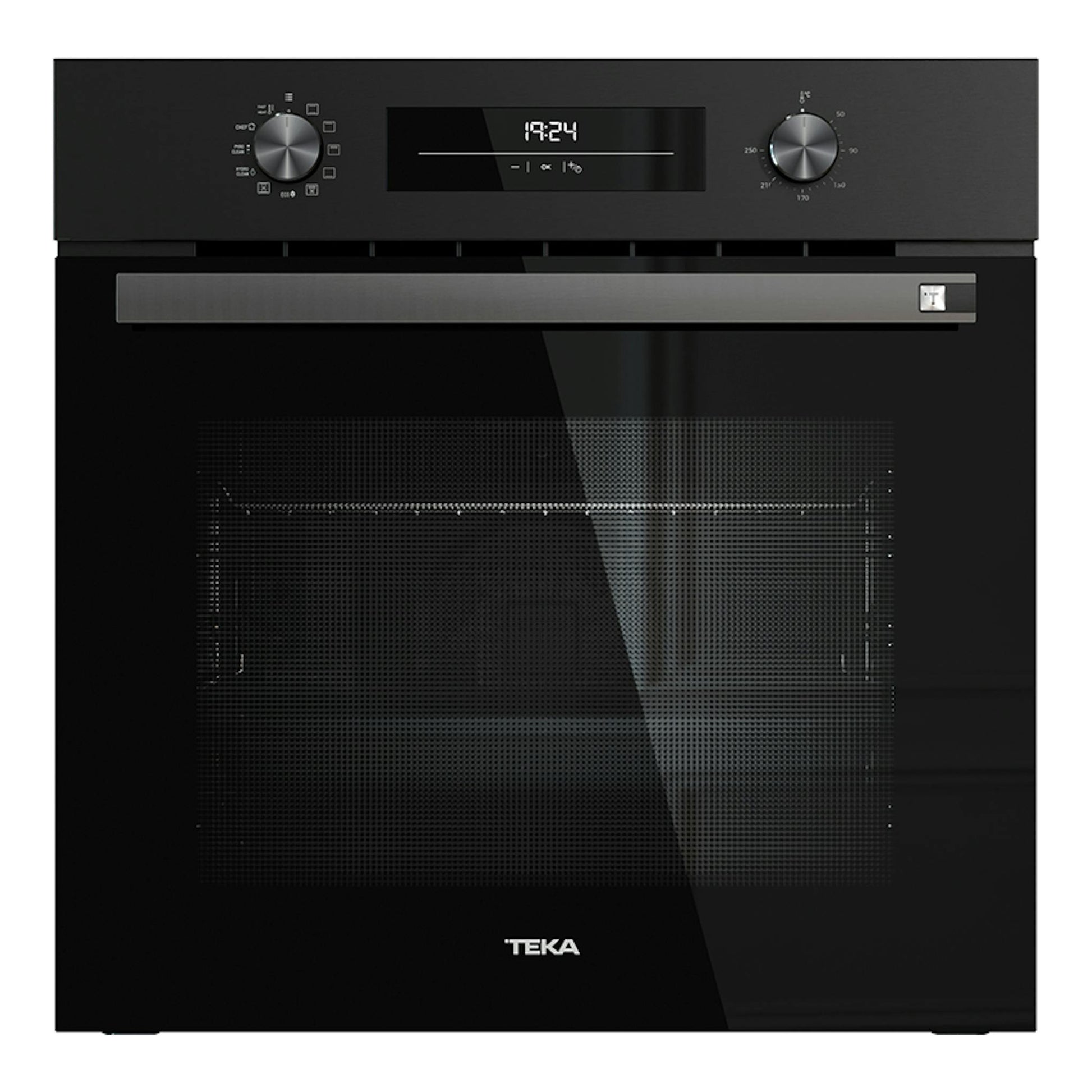 Horno empotrable Teka HSB6250P negro, vista frontal, con display central y mandos giratorios.