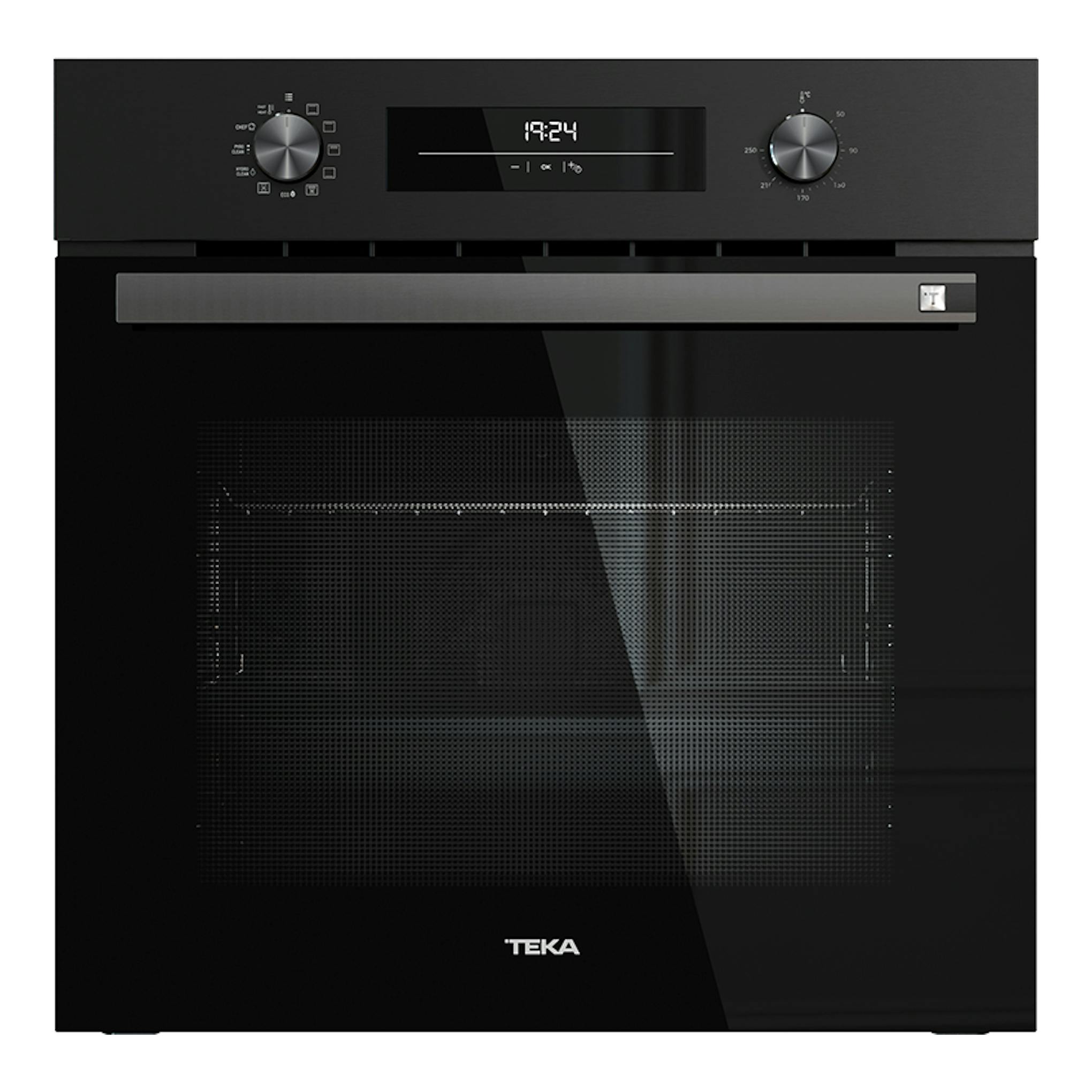 Horno empotrable Teka HSB6250P negro, vista frontal, con display central y mandos giratorios.
