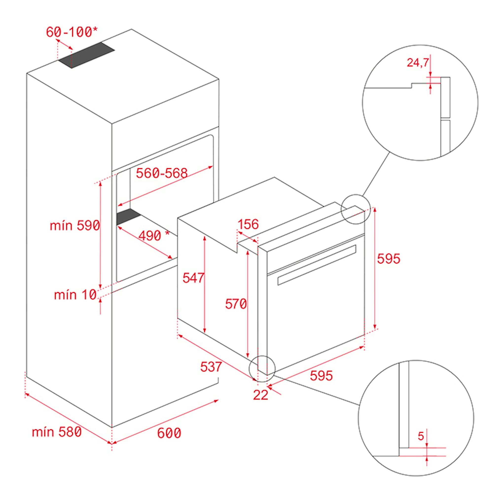 Esquema de instalación de horno Teka HSB6250P negro, vista isométrica con medidas en rojo.