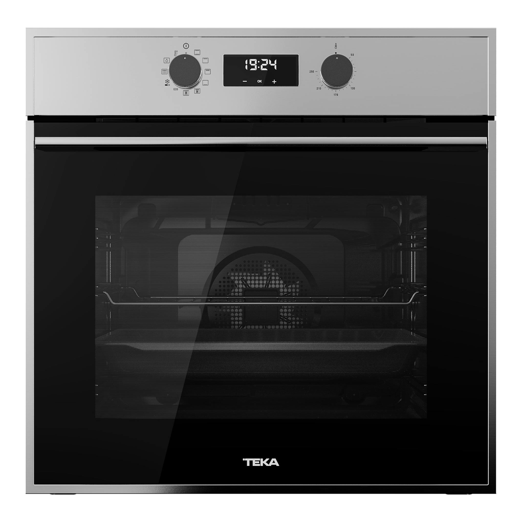 Horno multifunción Teka HSB 635 SS en inox, vista frontal, puerta negra con panel digital y dos mandos.