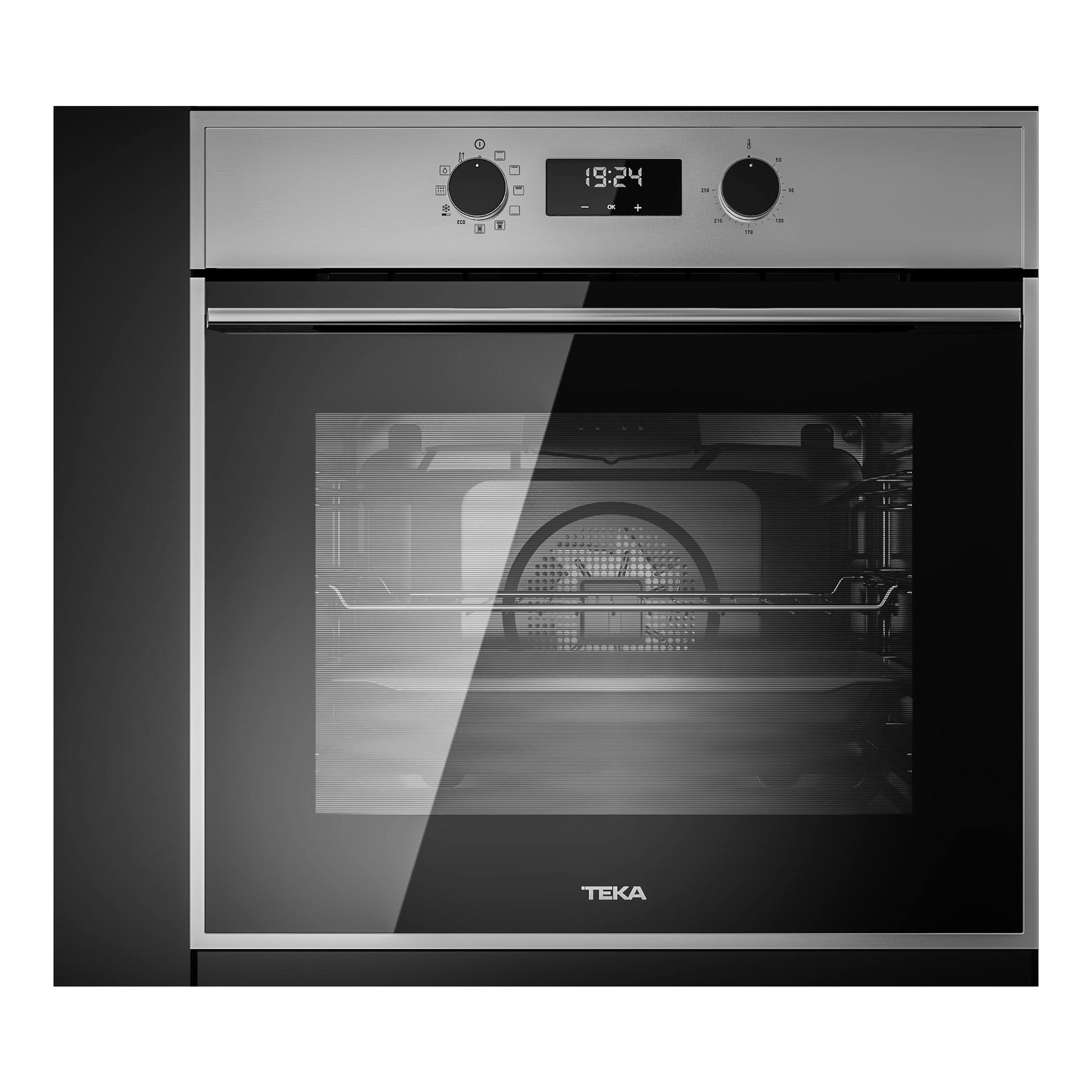 Horno empotrable Teka HSB 635 SS en inox y cristal negro, vista frontal, con mandos y display digital.