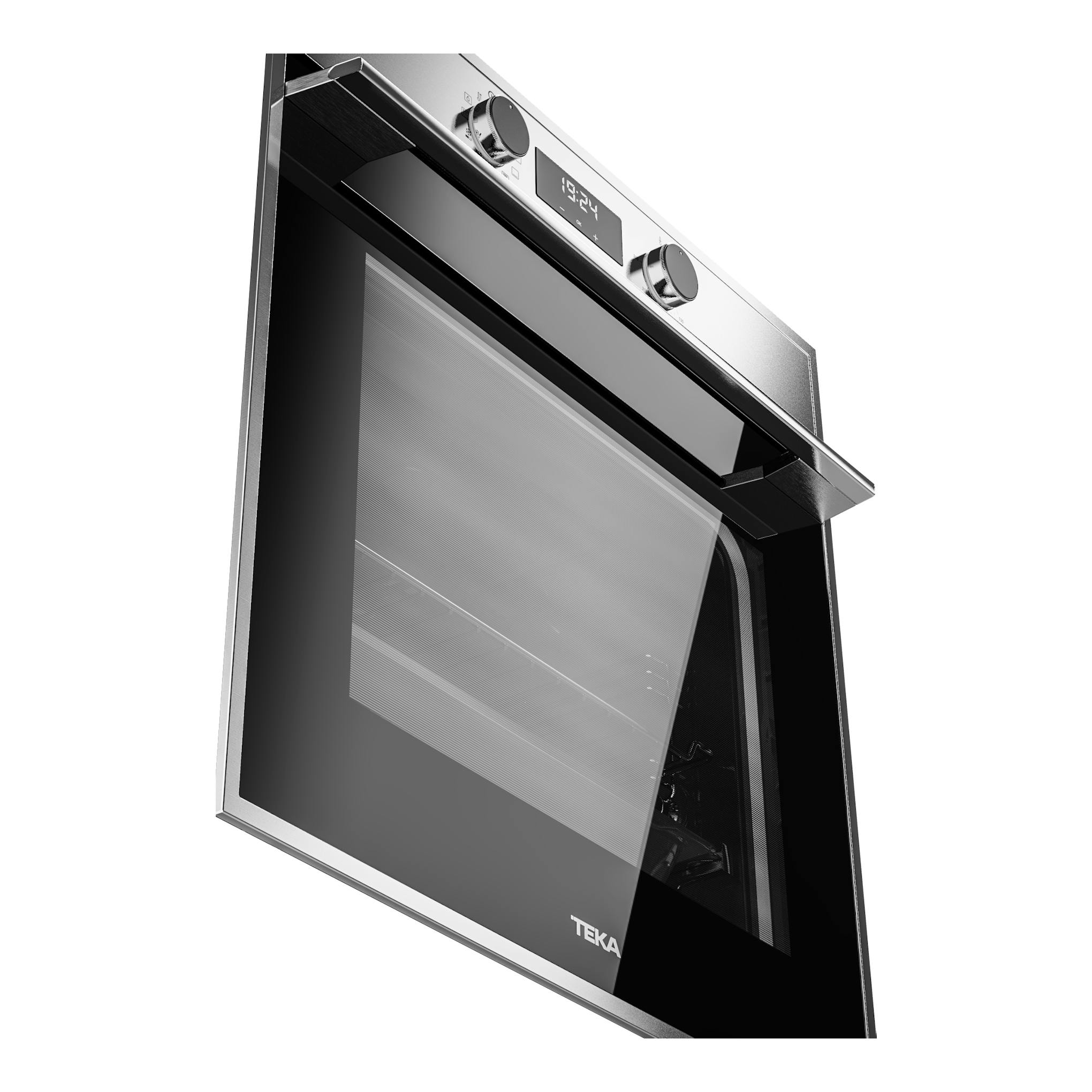Horno Teka HSB 635 SS de inox y cristal negro, vista en ángulo con puerta abatible abierta.