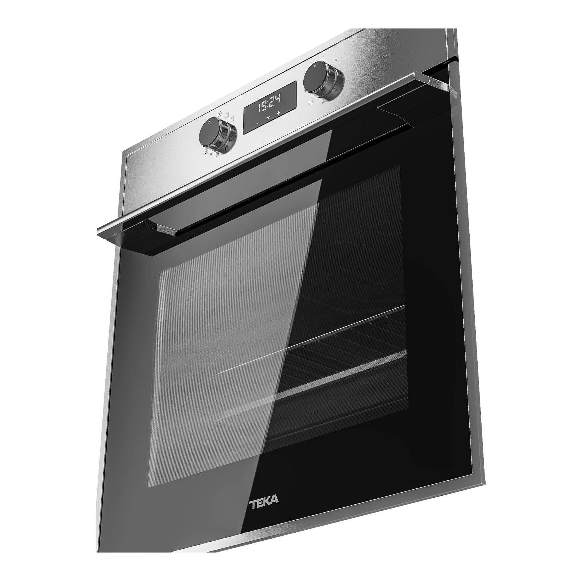Horno Teka HSB 635 SS de acero inoxidable y cristal negro, vista frontal inclinada.