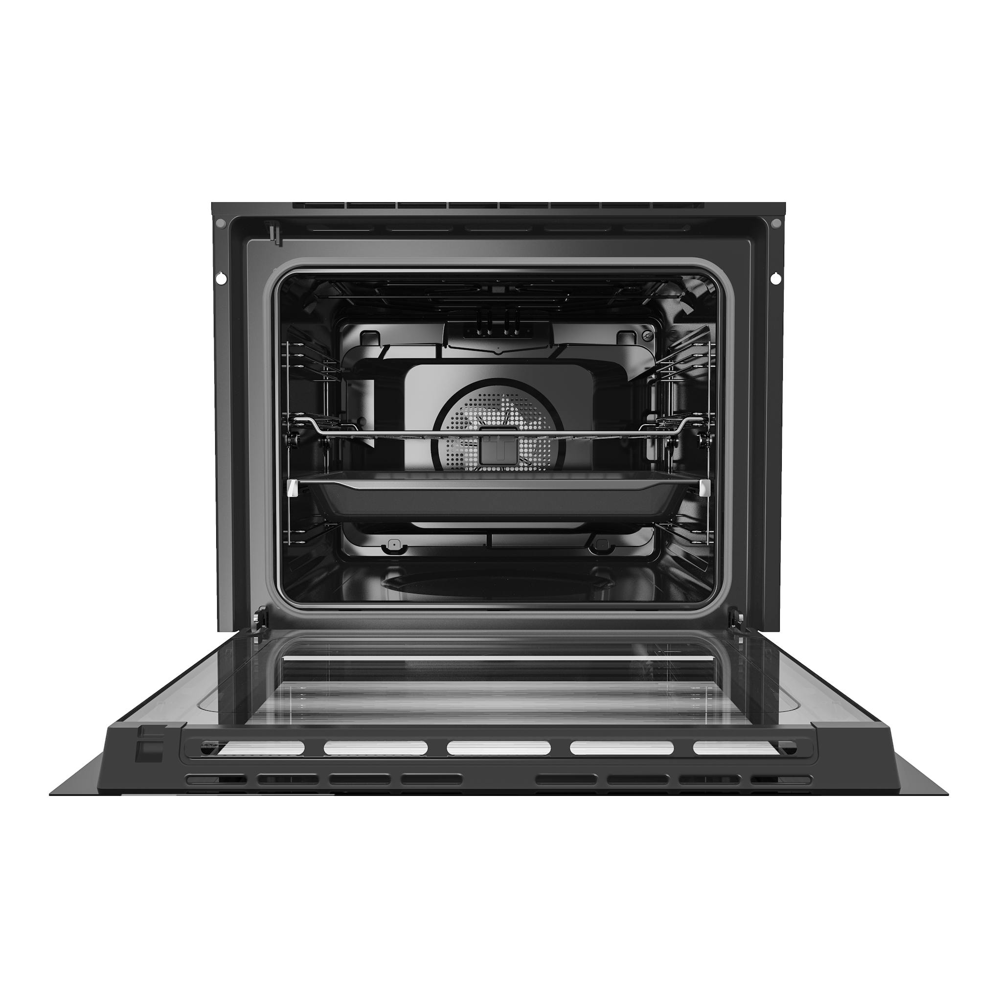 Horno Teka HSB 635 SS de acero inoxidable, vista frontal con puerta abatible abierta e interior negro.