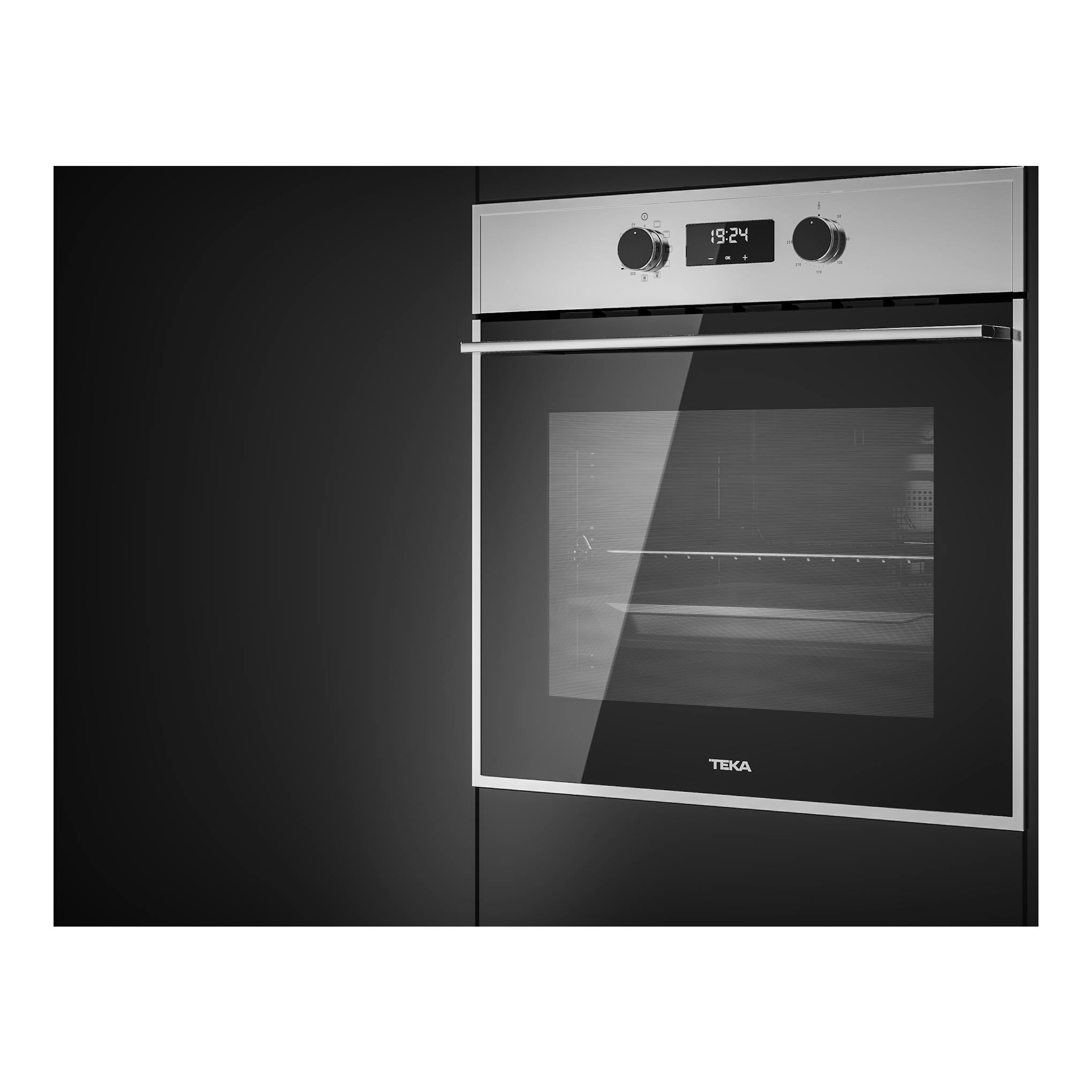 Horno empotrable Teka en inox y cristal negro, vista frontal, con dos mandos y display digital.