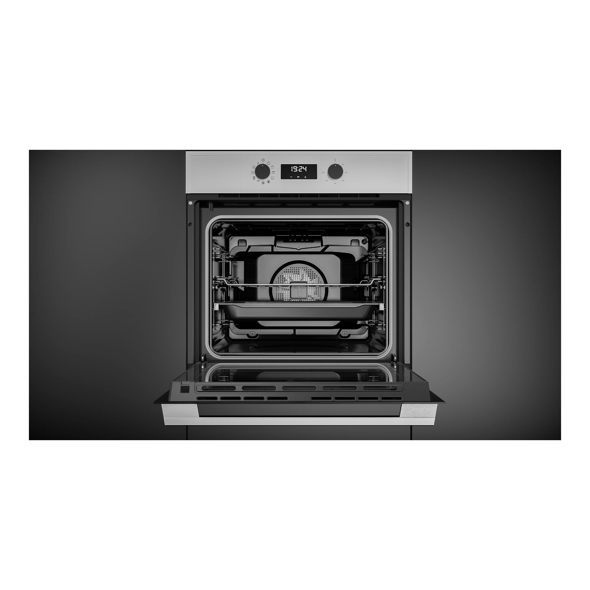 Horno Teka HSB 635 SS de acero inox, vista frontal con puerta abatible abierta y panel digital.