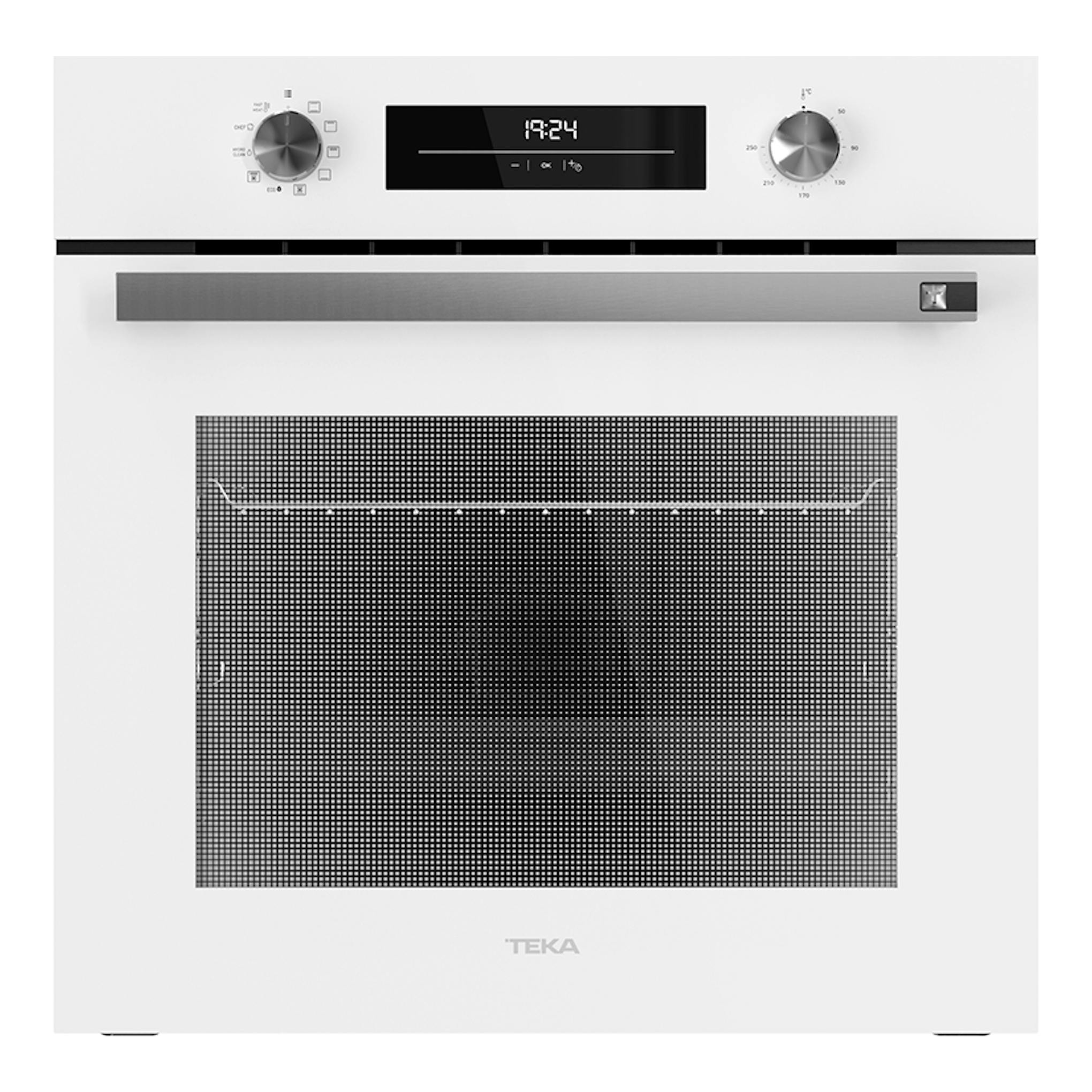 Horno empotrable Teka HSB6350 blanco, vista frontal, con display central y dos mandos.
