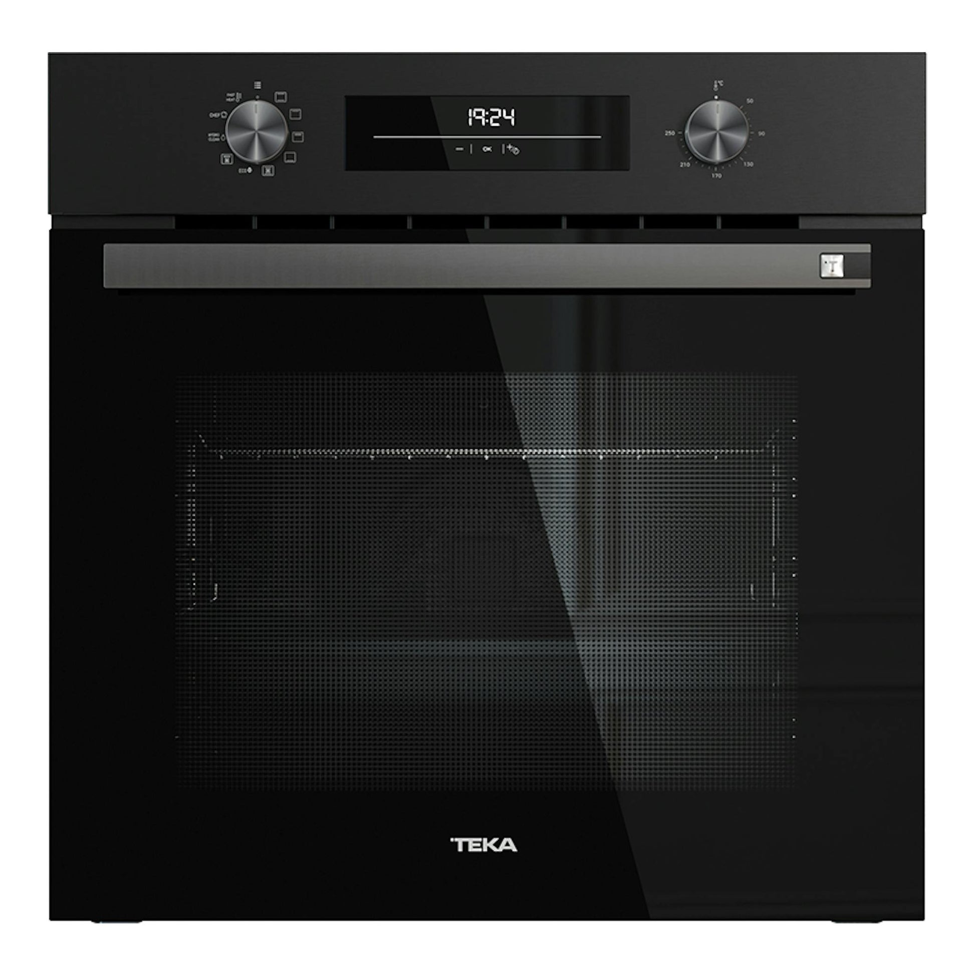 Horno Teka HSB6350 negro, vista frontal, con display digital y dos mandos plateados.