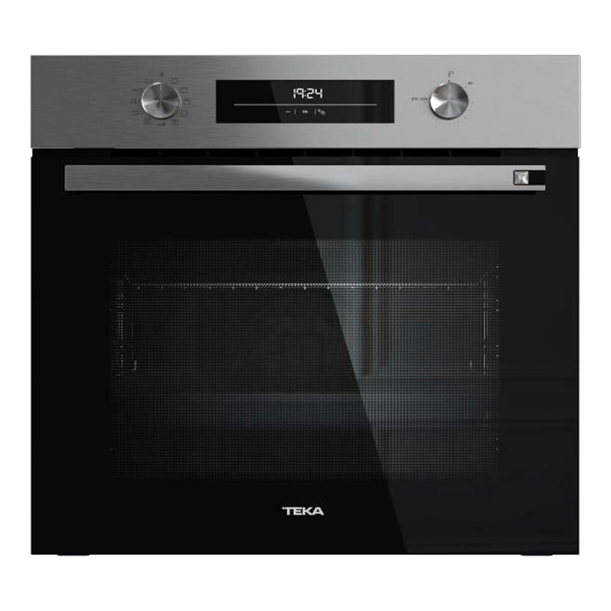 TEKA HSB6350P Inox, horno empotrable negro con panel superior inox, dos mandos y pantalla frontal, vista frontal.