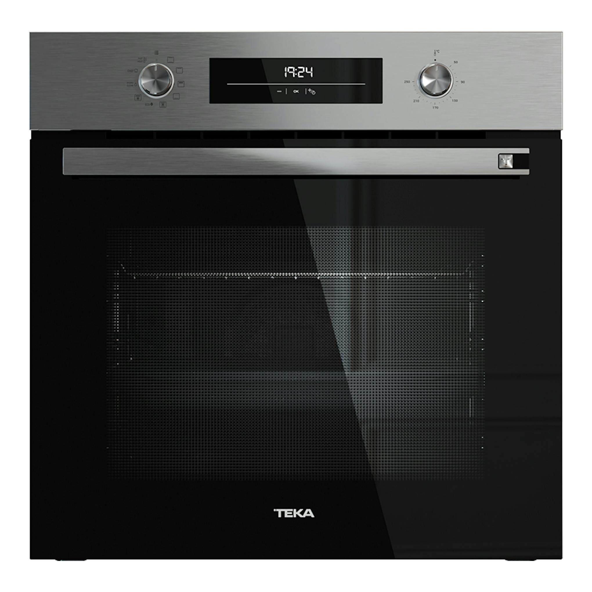 Horno Teka HSB6360 Inox, vista frontal, acero inoxidable y puerta de cristal negro con dos mandos y display central.
