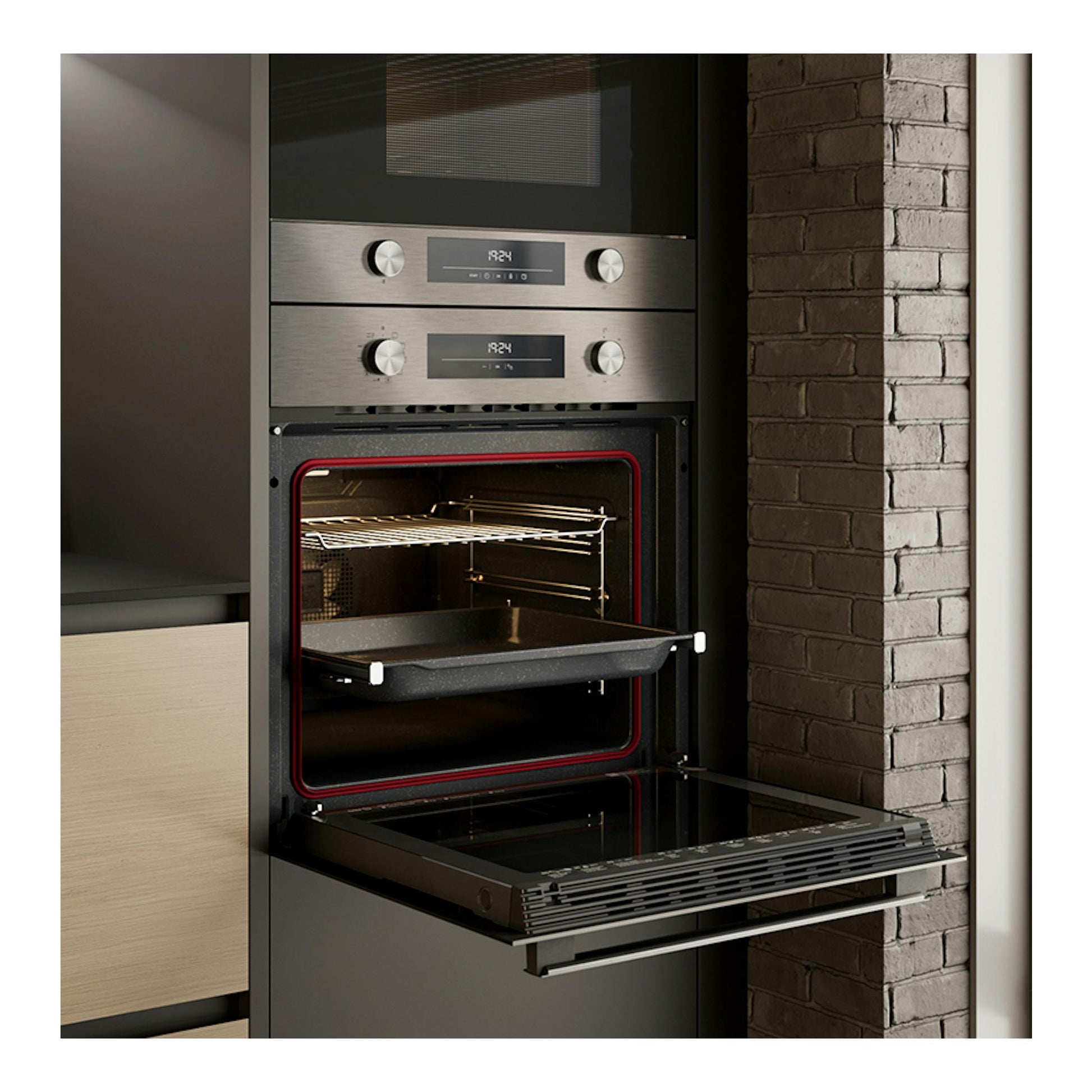 Horno Teka HSB6360 Inox empotrado, vista frontal, puerta abierta, interior y bandeja visibles.