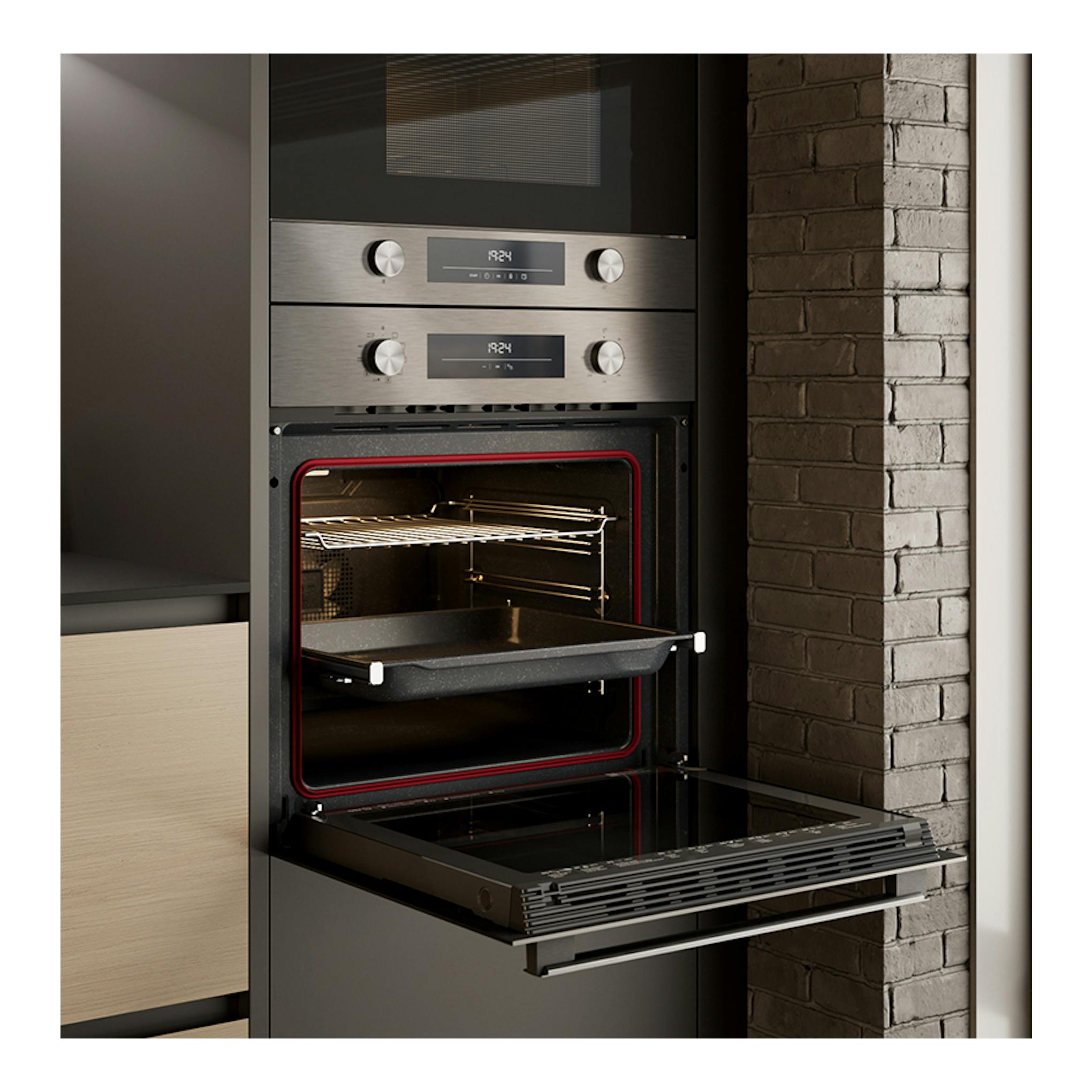 Horno Teka HSB6360 Inox empotrado, vista frontal, puerta abierta, interior y bandeja visibles.