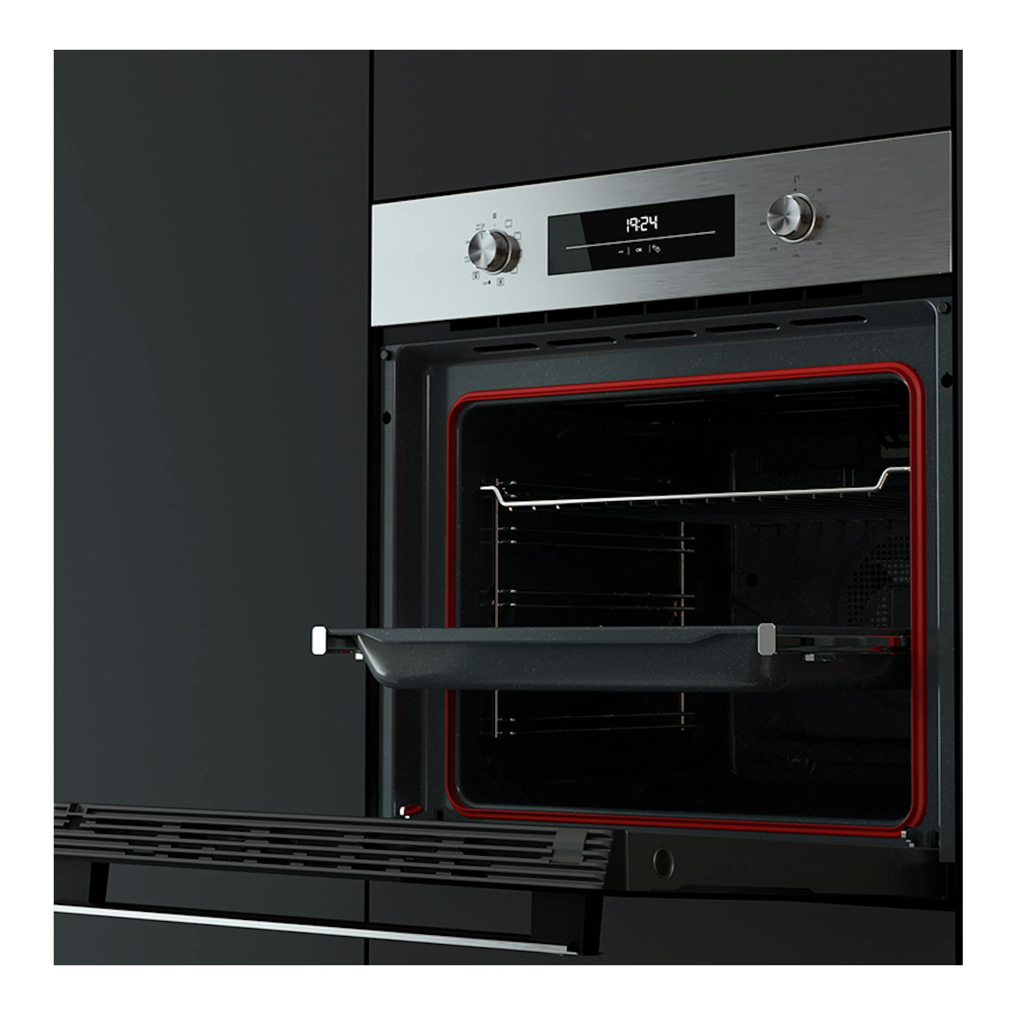Horno empotrable Teka HSB6360 Inox, vista frontal con puerta abierta, panel inox y cavidad negra.