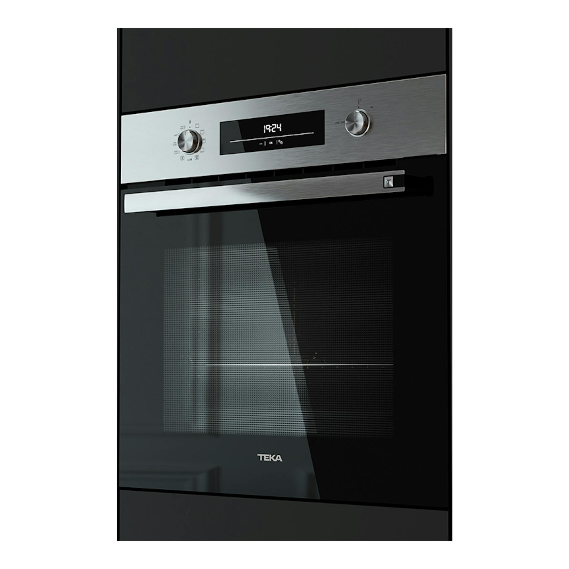 Horno Teka HSB6360P Inox, vista frontal, con panel inoxidable, puerta negra y mandos giratorios.