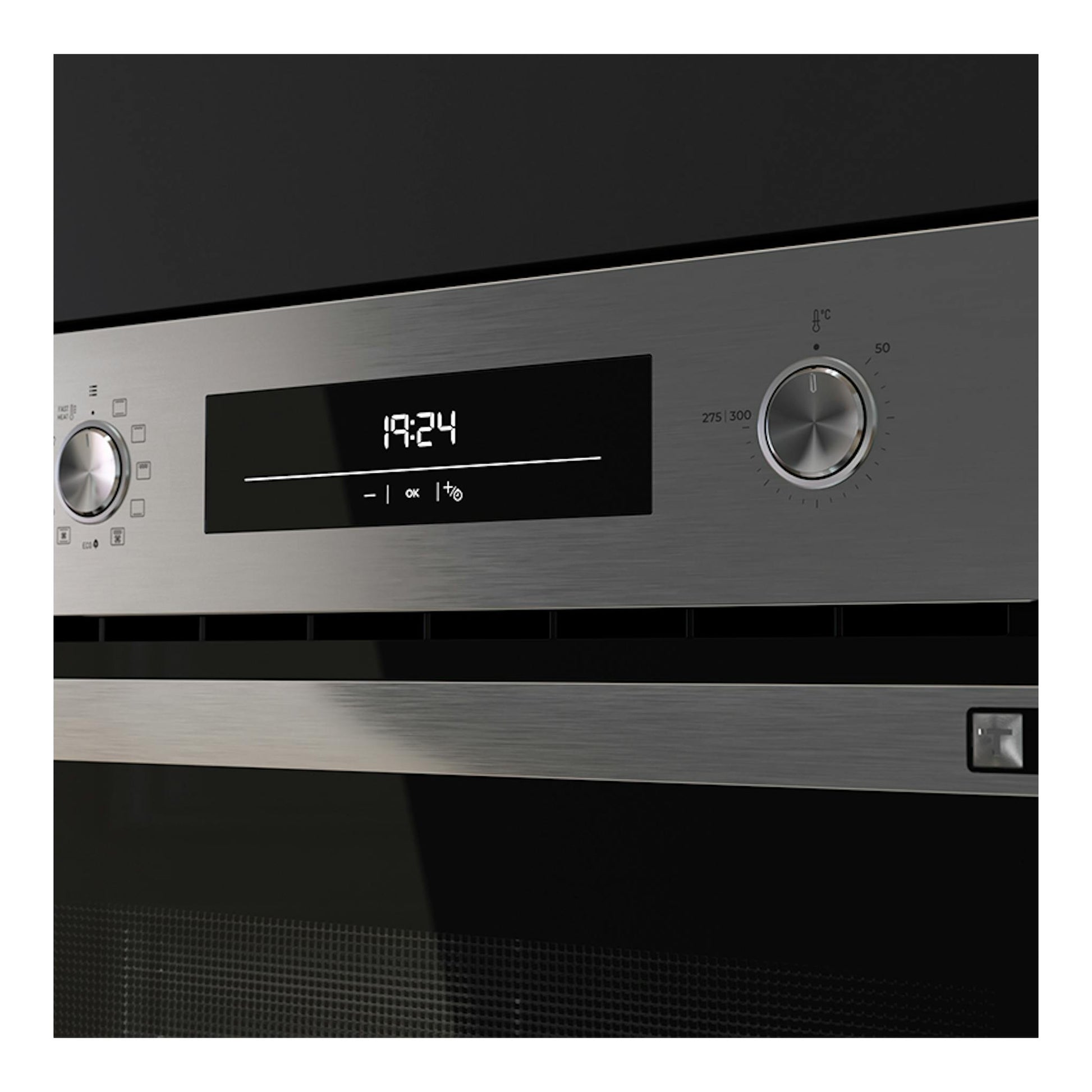 Horno Teka HSB6360P Inox de acero inoxidable, vista frontal con display digital y dos mandos giratorios.