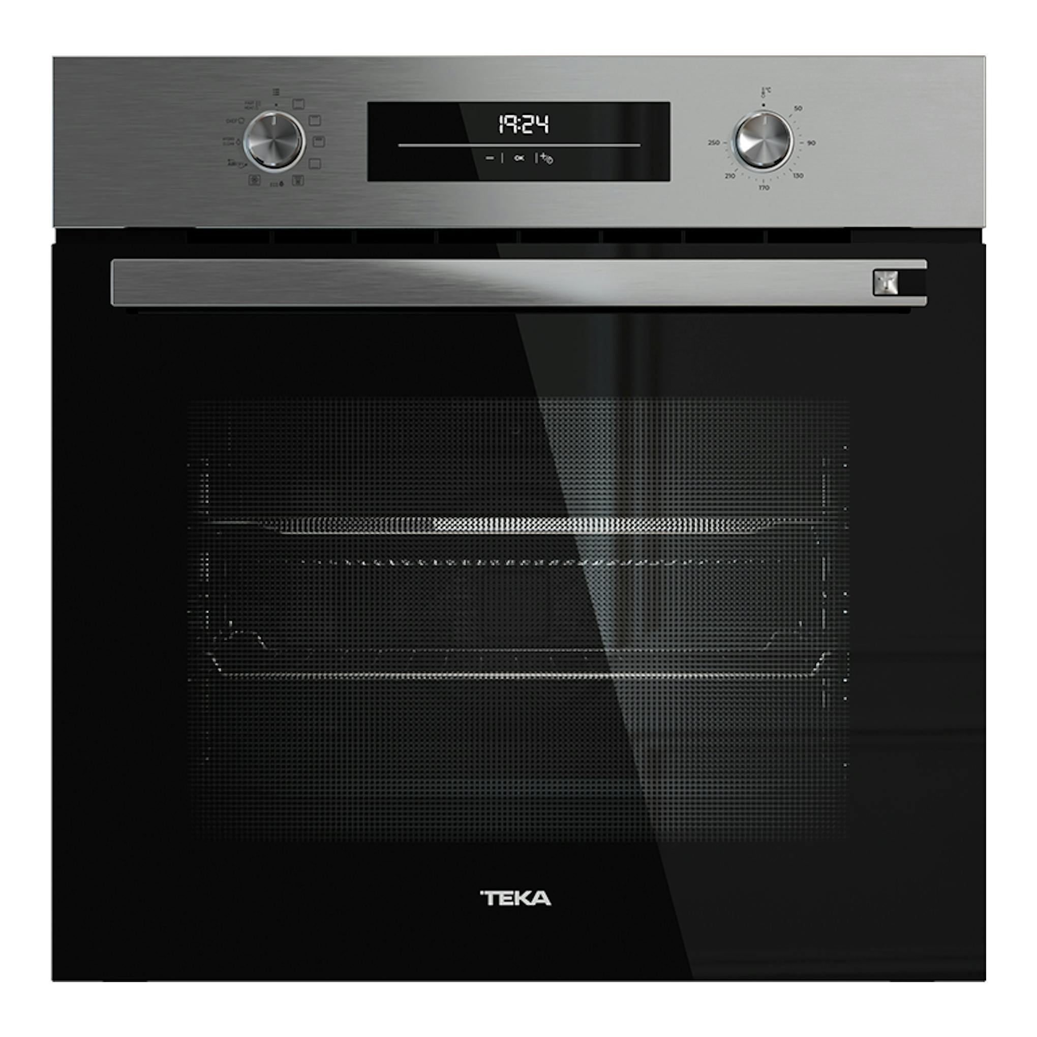 Horno Teka HSB6466 Inox, vista frontal, puerta de cristal negro y panel superior de acero inoxidable.