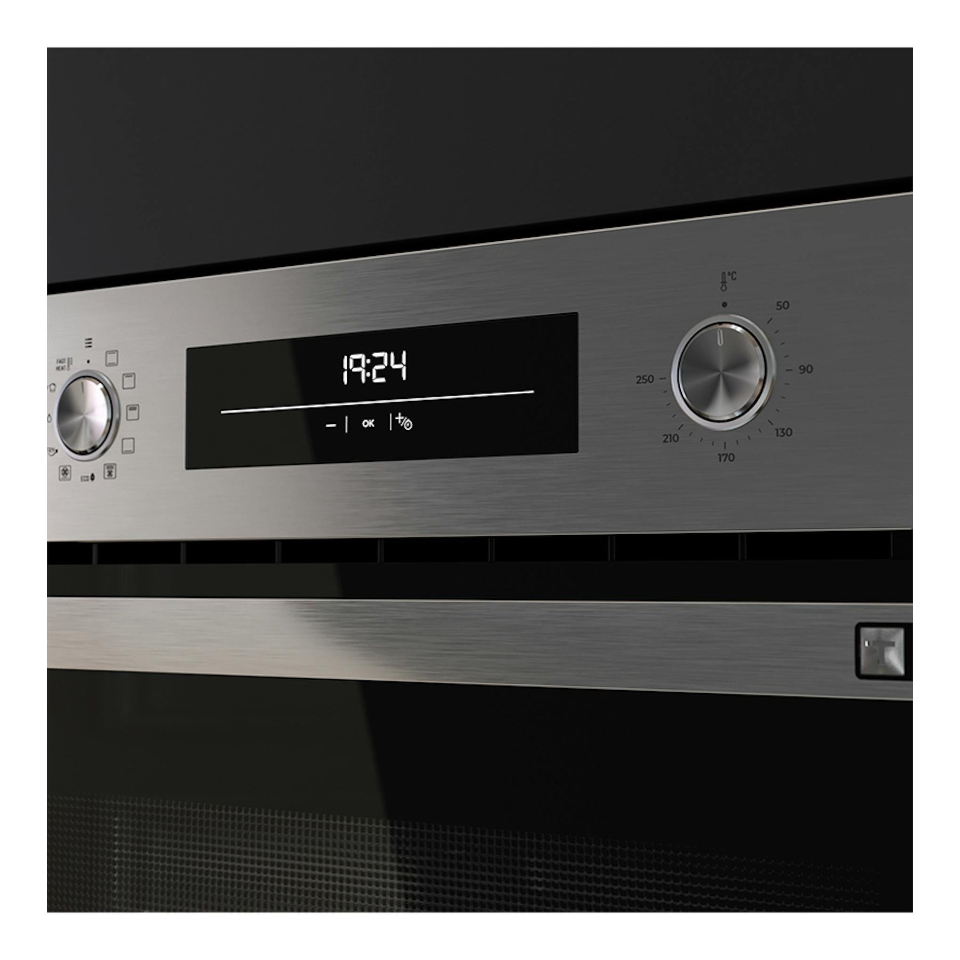 Horno Teka HSB6466 Inox en vista frontal, panel de acero inoxidable con pantalla digital y dos mandos.