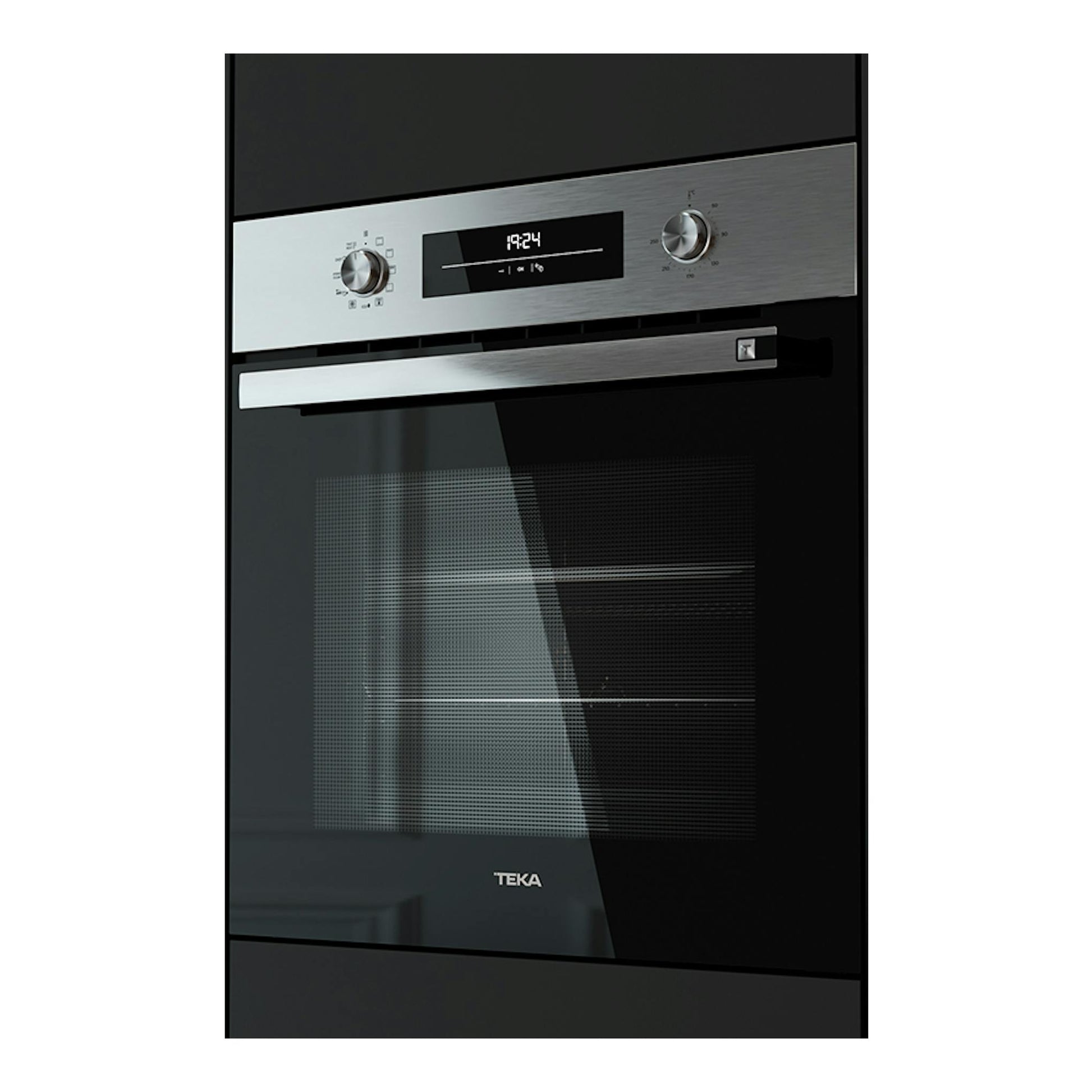 Horno empotrable Teka HSB6466 Inox, frontal negro con panel y dos mandos inox, vista frontal.