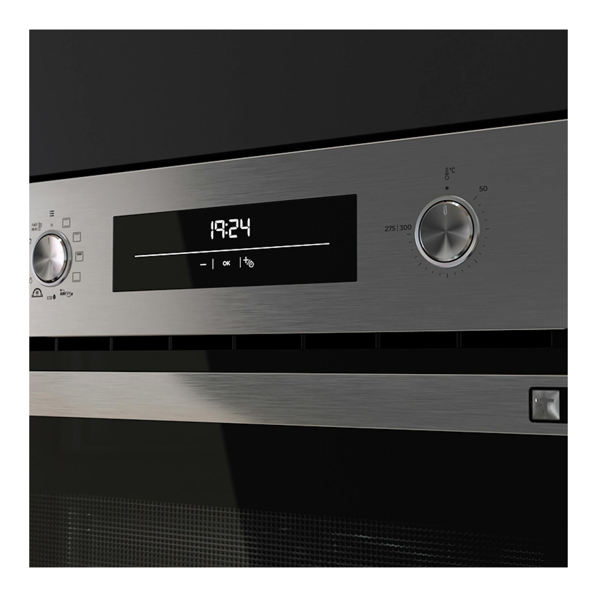 Horno empotrable Teka HSB6466P Inox, vista frontal, acero inoxidable con puerta de cristal negro y panel digital.