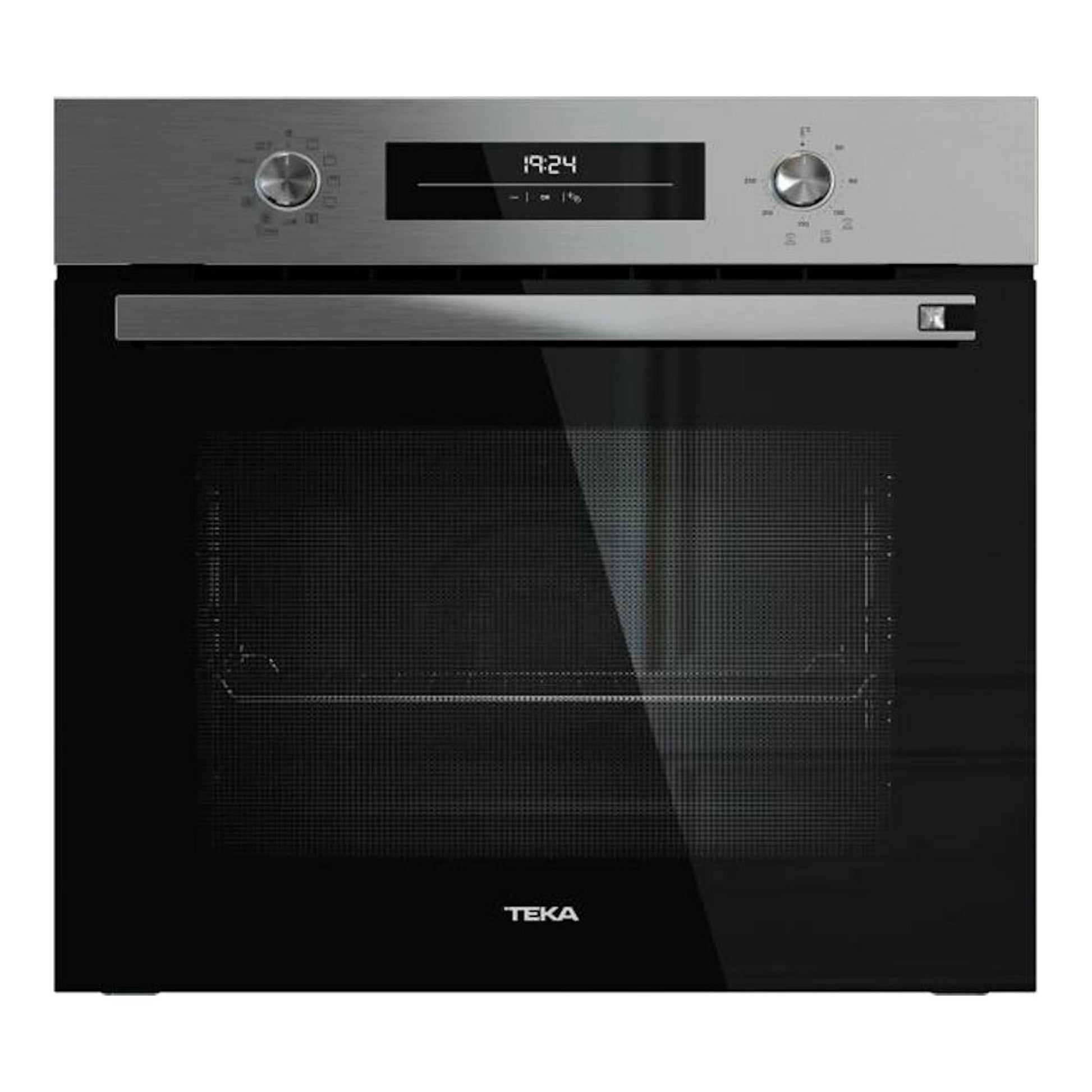 Horno Teka HSB6648 EasySteam Inox, vista frontal, acabado inox y puerta de cristal negro.
