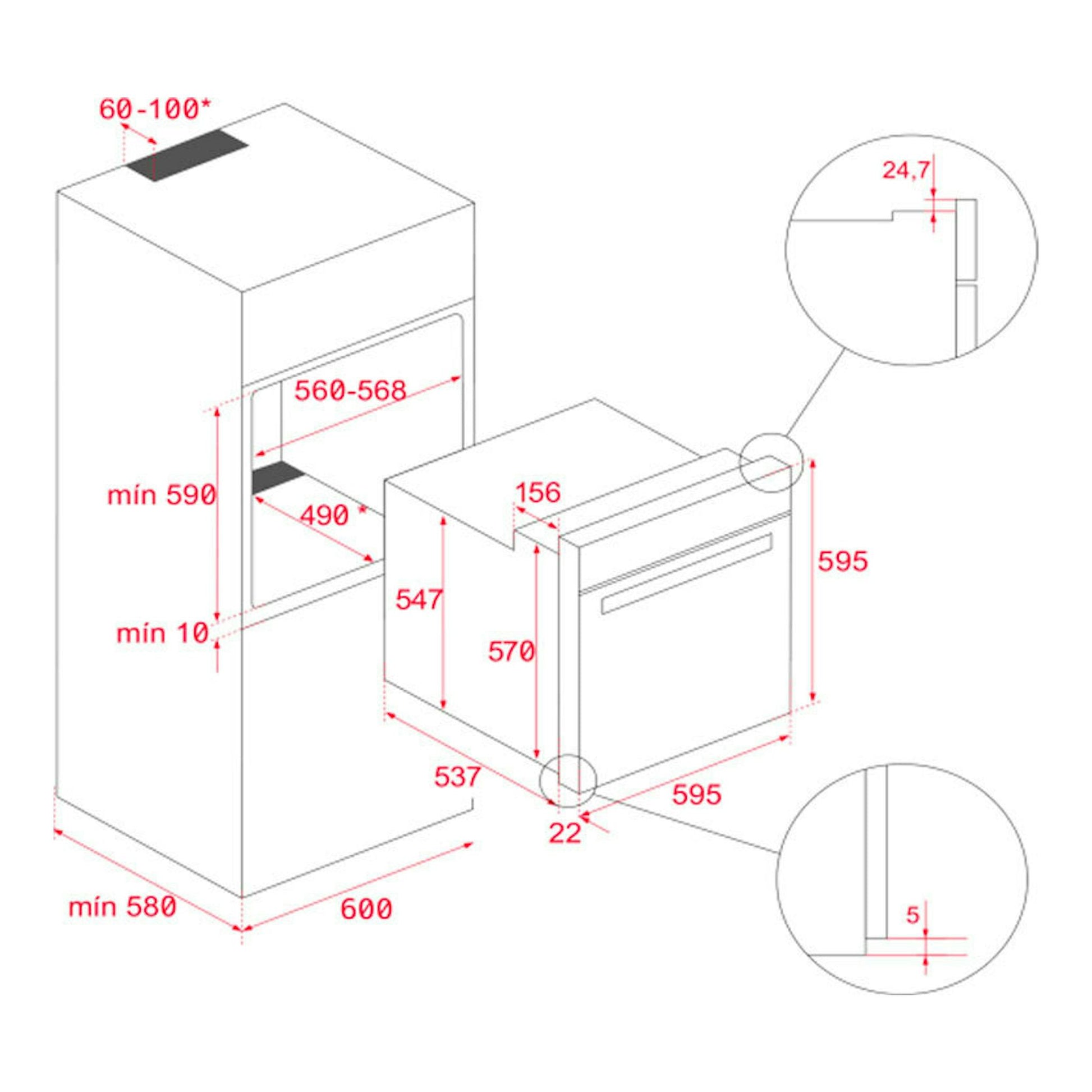 Diagrama de instalación del horno Teka HSB6648 EasySteam Inox, vista isométrica en blanco con medidas en rojo.