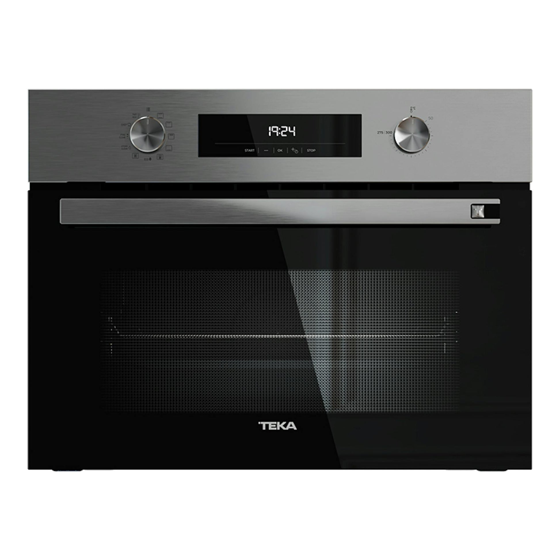 Horno Teka HSC6350P inox, vista frontal, puerta de vidrio negro, panel superior acero y dos mandos.