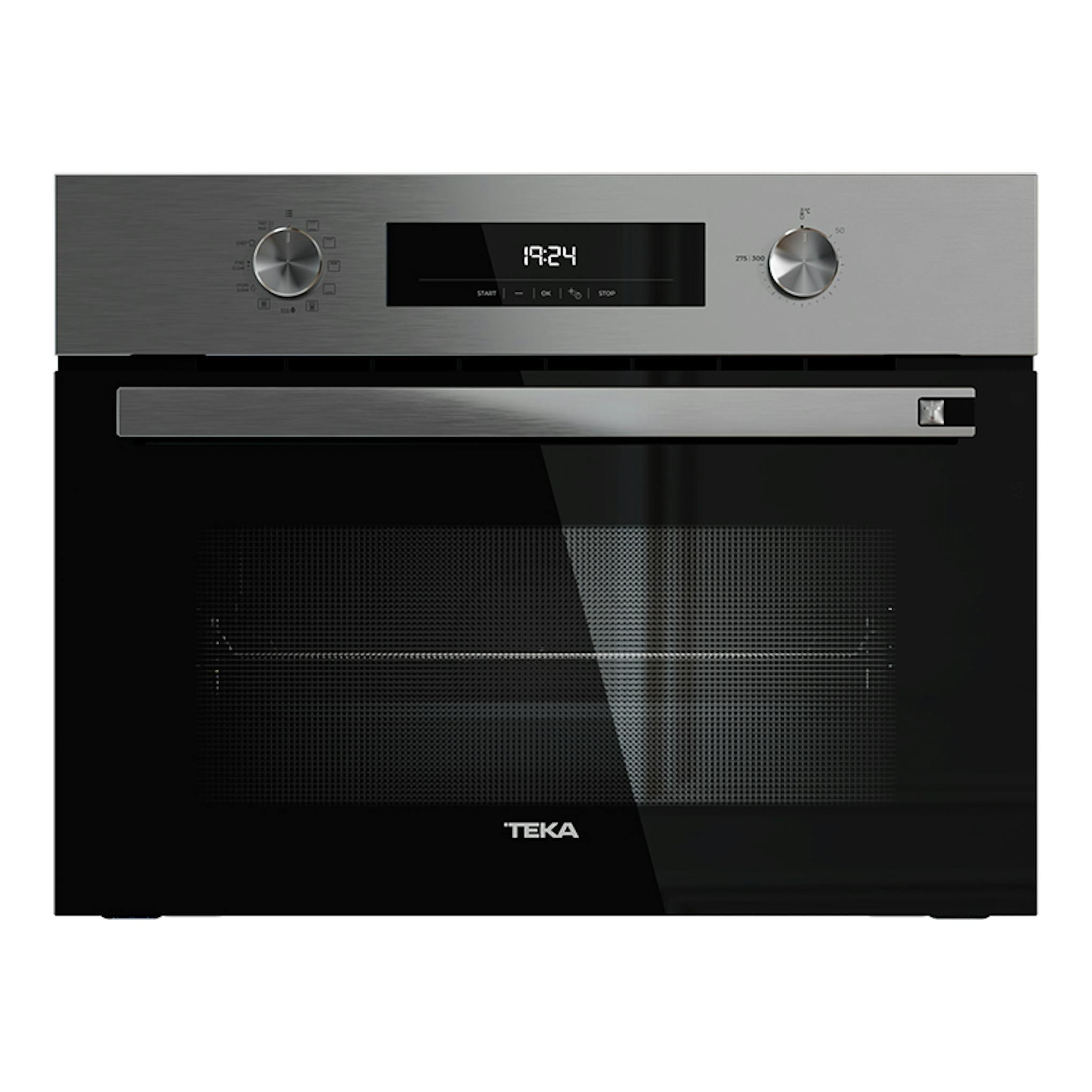 Horno Teka HSC6350P inox, vista frontal, puerta de vidrio negro, panel superior acero y dos mandos.