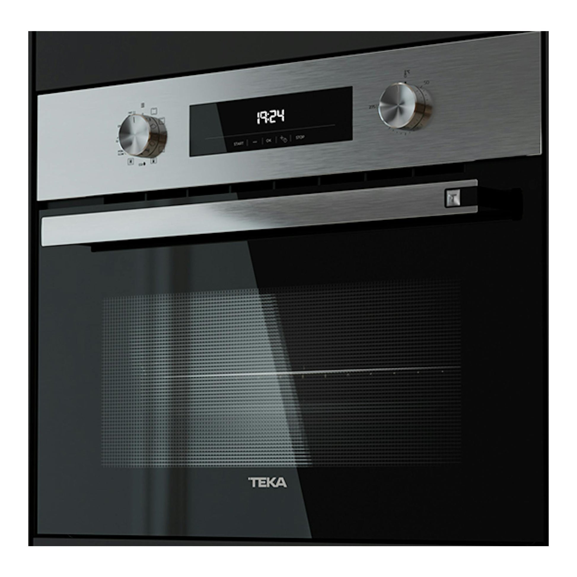 Horno Teka HSC6350P Inox, vista frontal, panel inoxidable, puerta de vidrio negro y dos mandos con display digital.