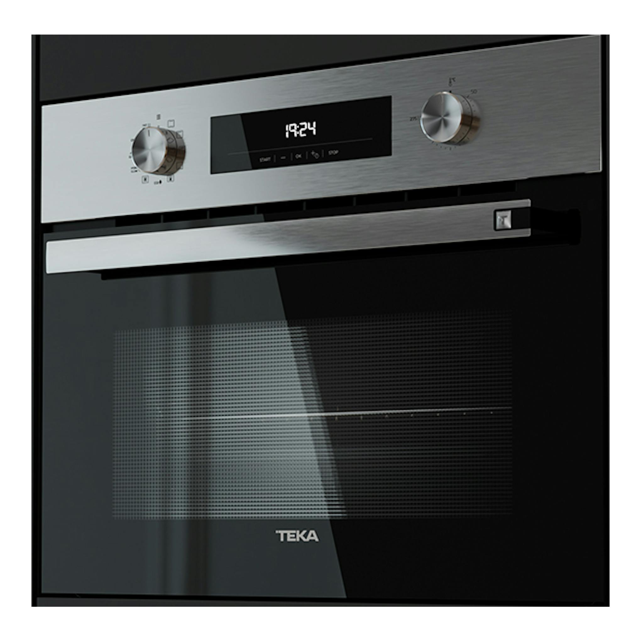 Horno Teka HSC6350P Inox, vista frontal, panel inoxidable, puerta de vidrio negro y dos mandos con display digital.