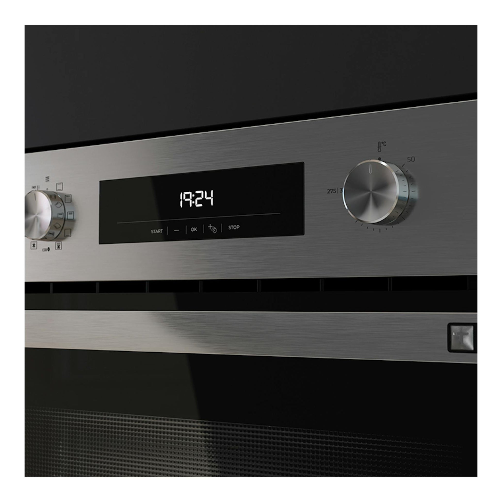 Horno Teka HSC6350P inox, vista frontal en acero inoxidable y cristal negro, con reloj digital y mandos giratorios.
