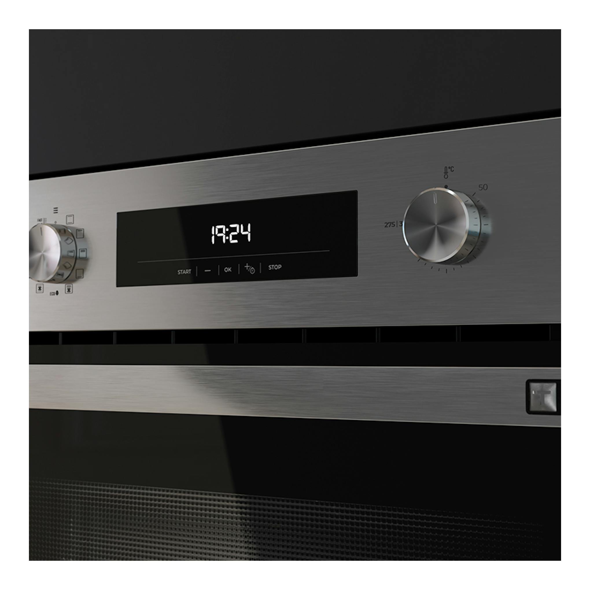 Horno Teka HSC6350P inox, vista frontal en acero inoxidable y cristal negro, con reloj digital y mandos giratorios.