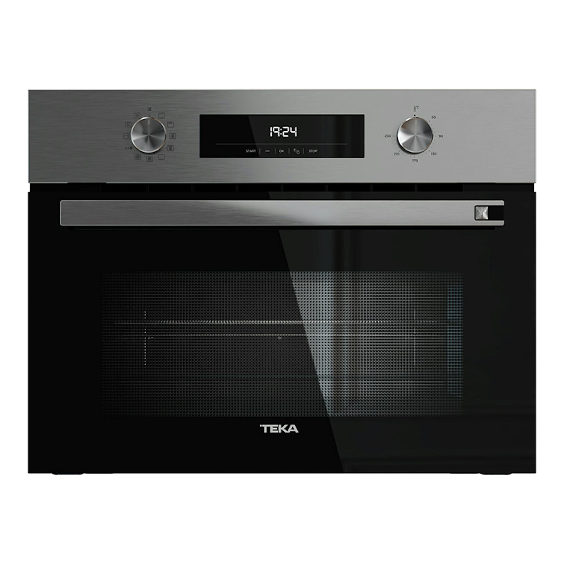 Horno Teka HSC6440CS inox, vista frontal, con panel superior gris, puerta negra y display central.