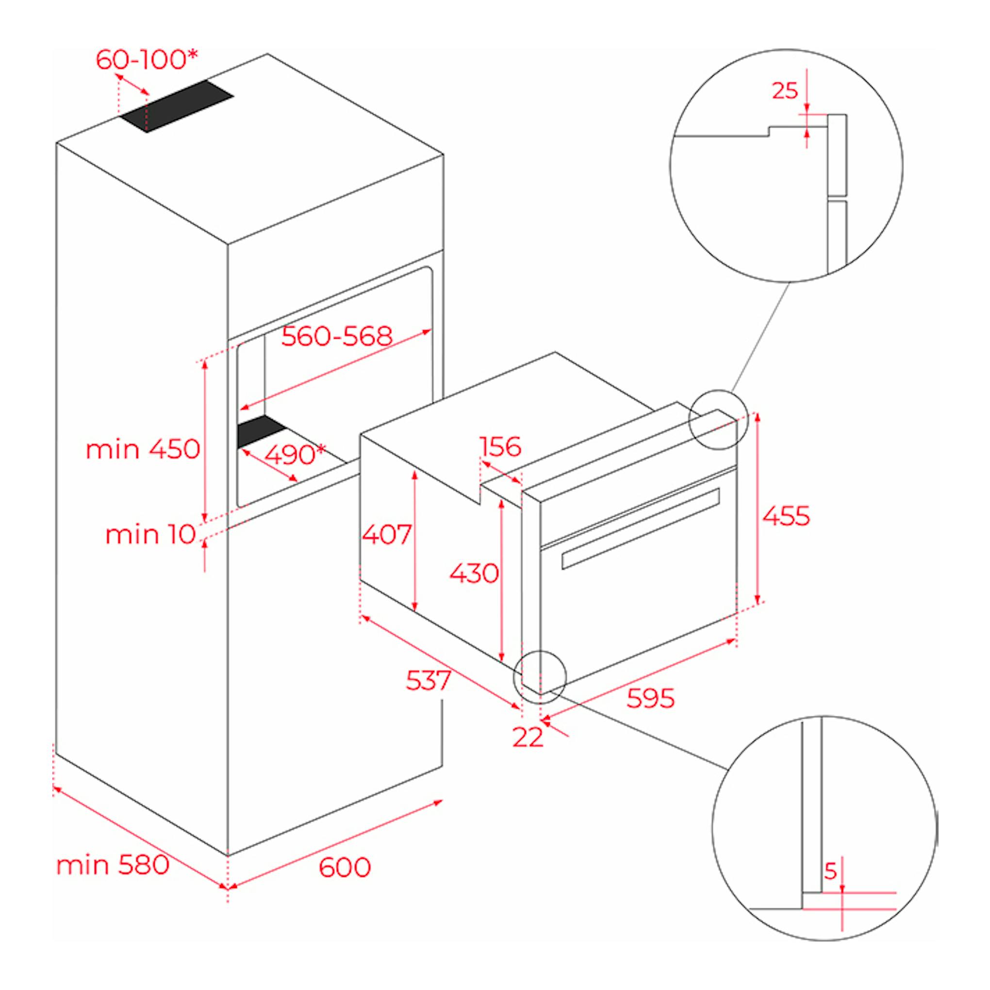 Esquema de instalación del horno Teka HSC6440CS Inox, vista frontal y lateral con medidas en rojo.