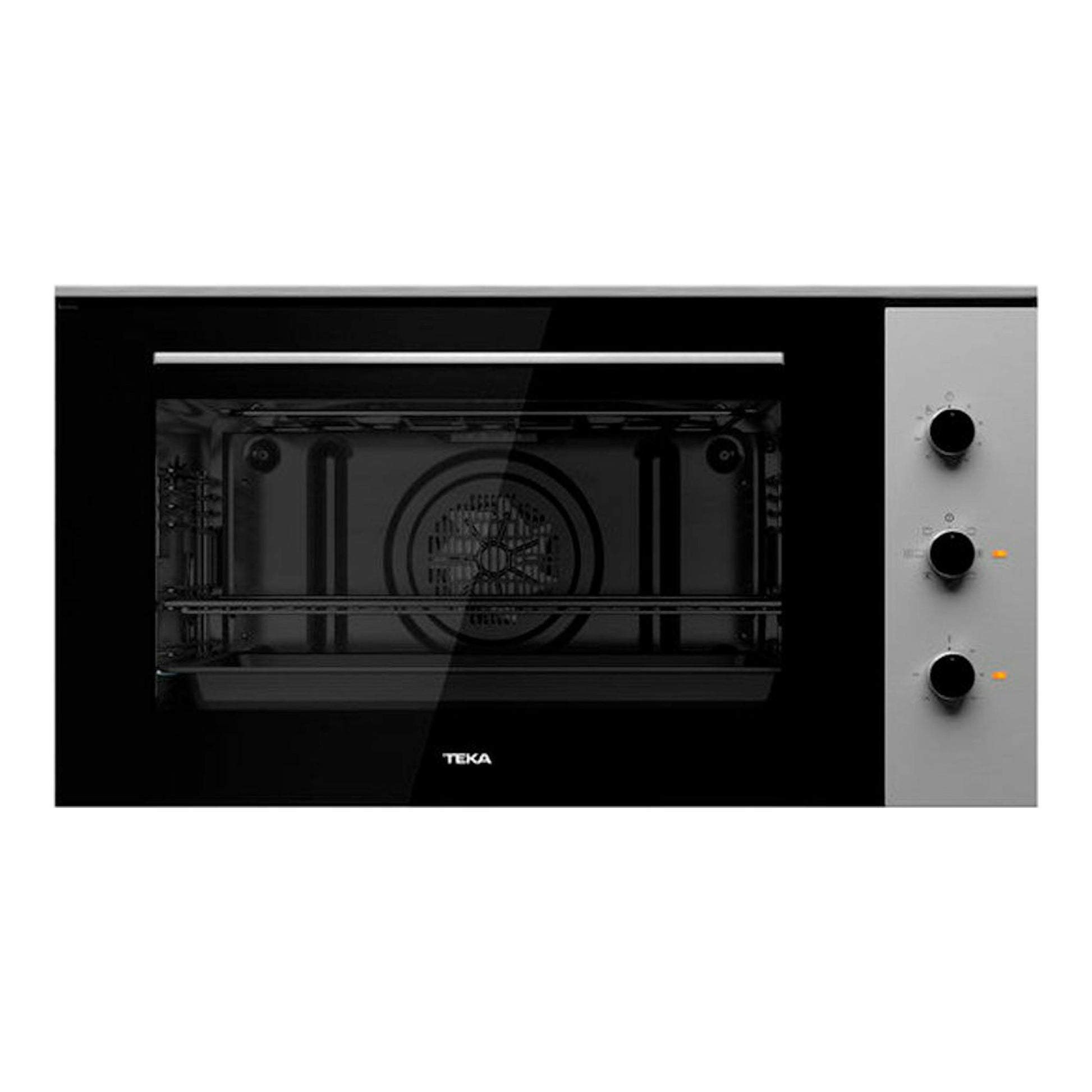 Horno Teka HSF 900 Inox, vista frontal, puerta de cristal negra y panel lateral inox con tres mandos.