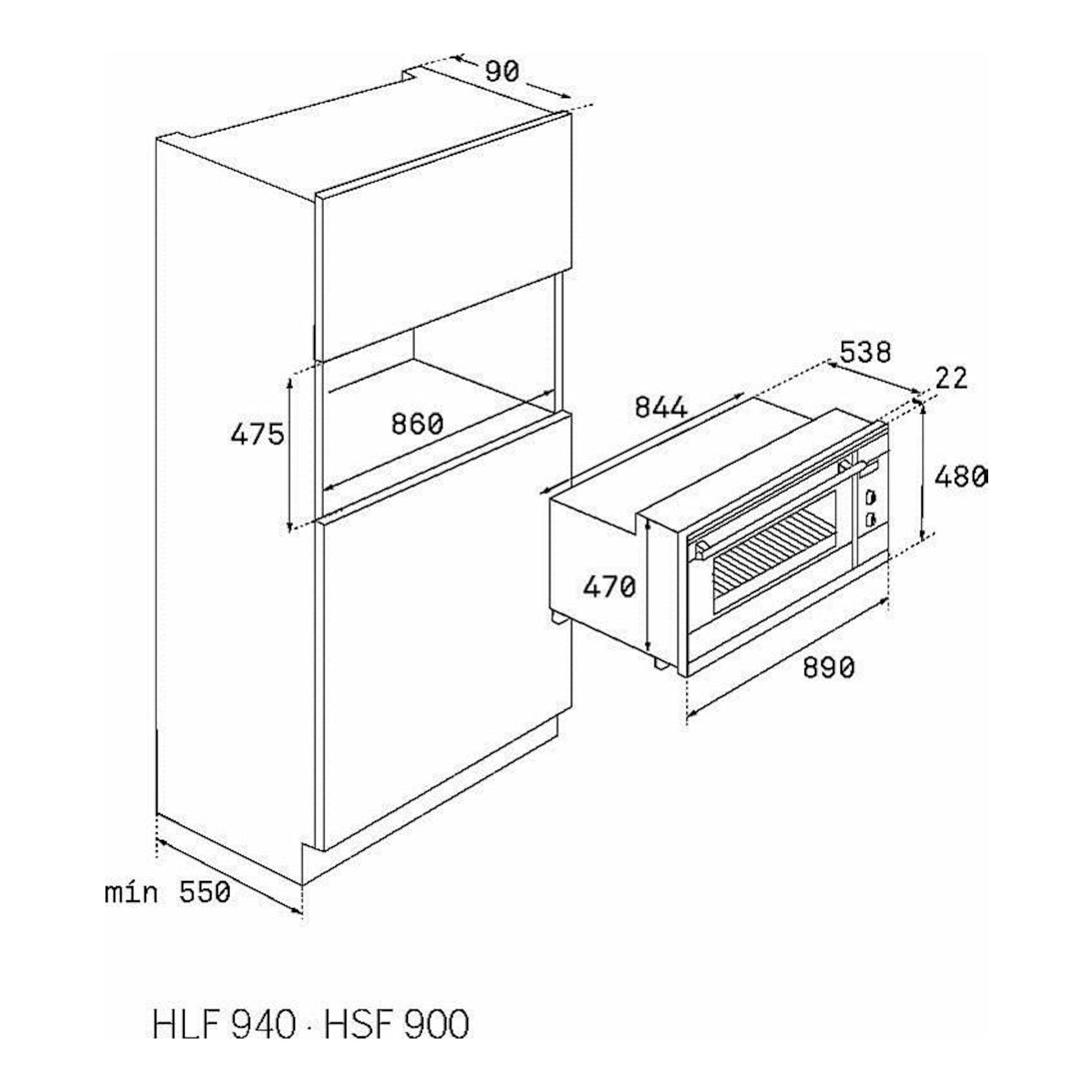 Diagrama técnico de instalación del horno Teka HSF 900 inox, vista en perspectiva con medidas.