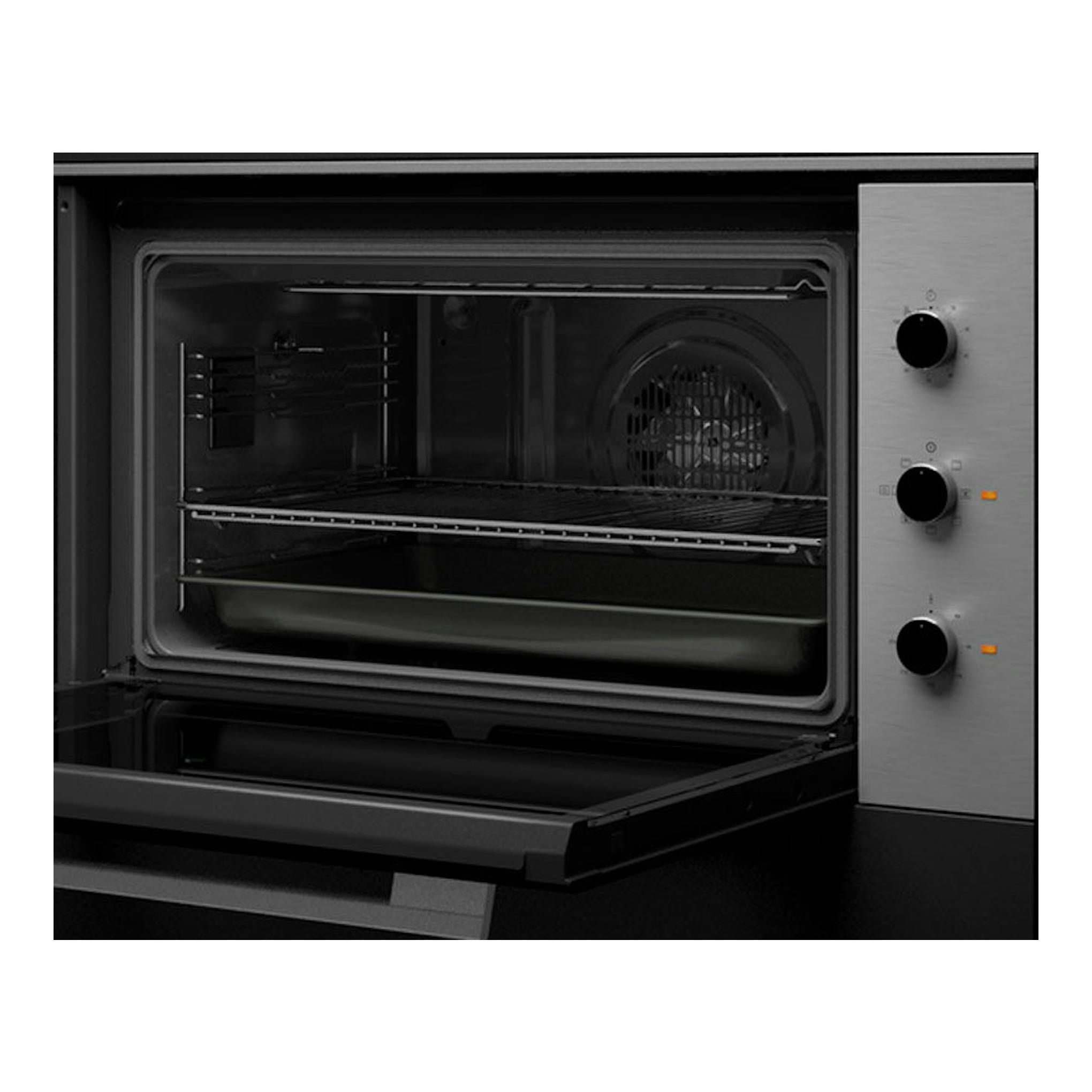 Horno Teka HSF 900 Inox empotrado, vista frontal, puerta abierta, interior negro y panel de acero inoxidable.
