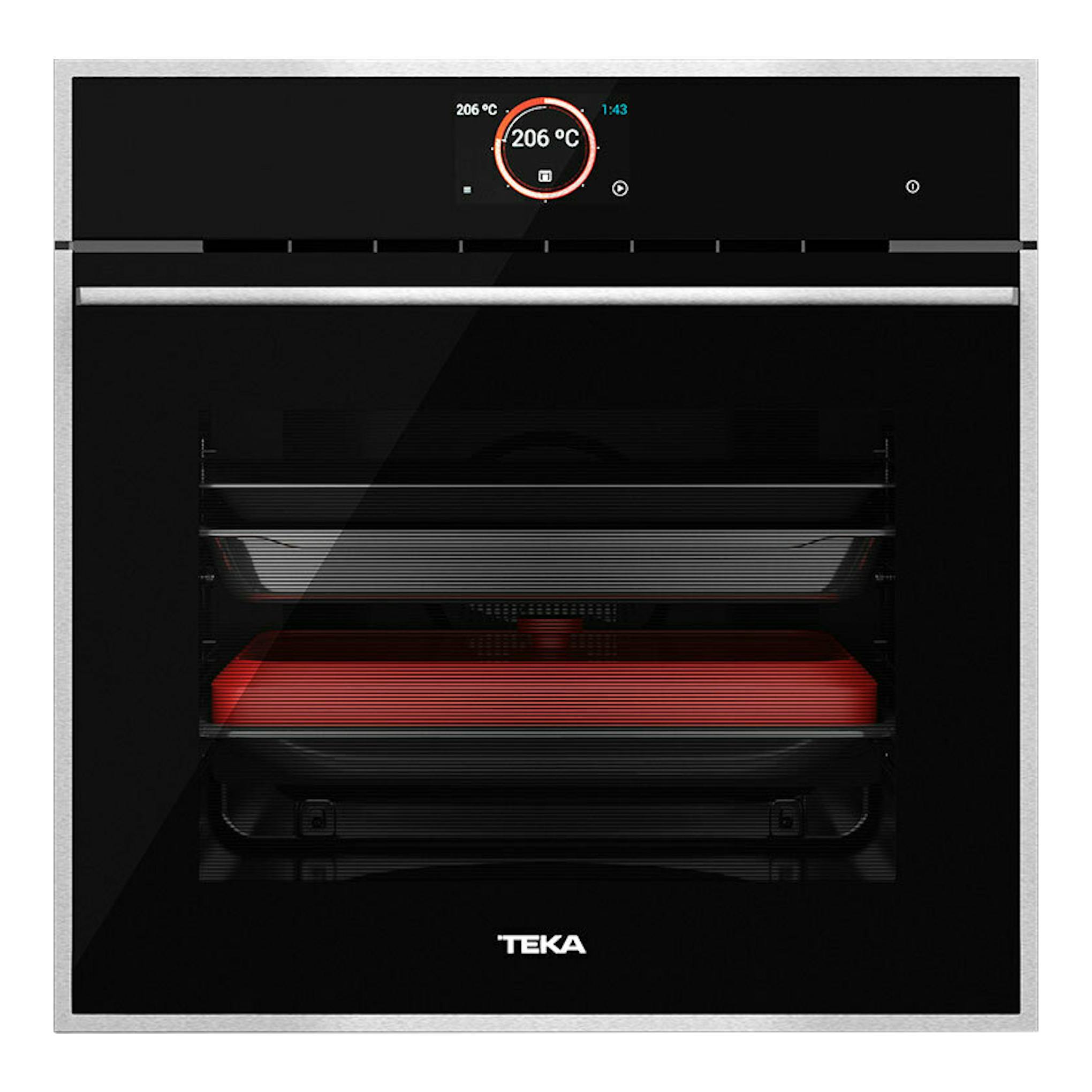 Horno empotrable Teka iOVEN P negro, vista frontal, panel táctil y resistencia interior roja visible.