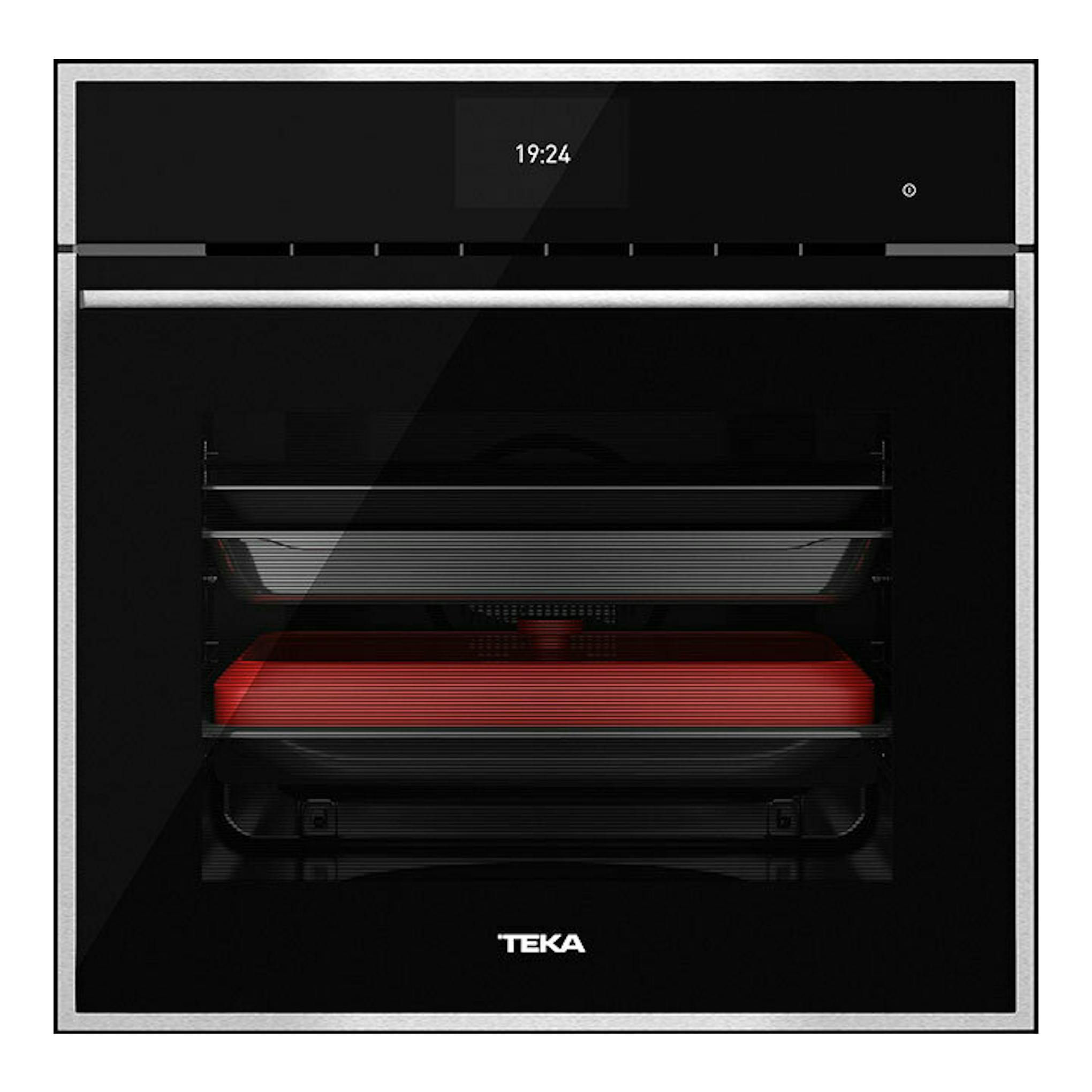 Horno Teka iOVEN P negro, vista frontal, con display digital y luz roja interior.