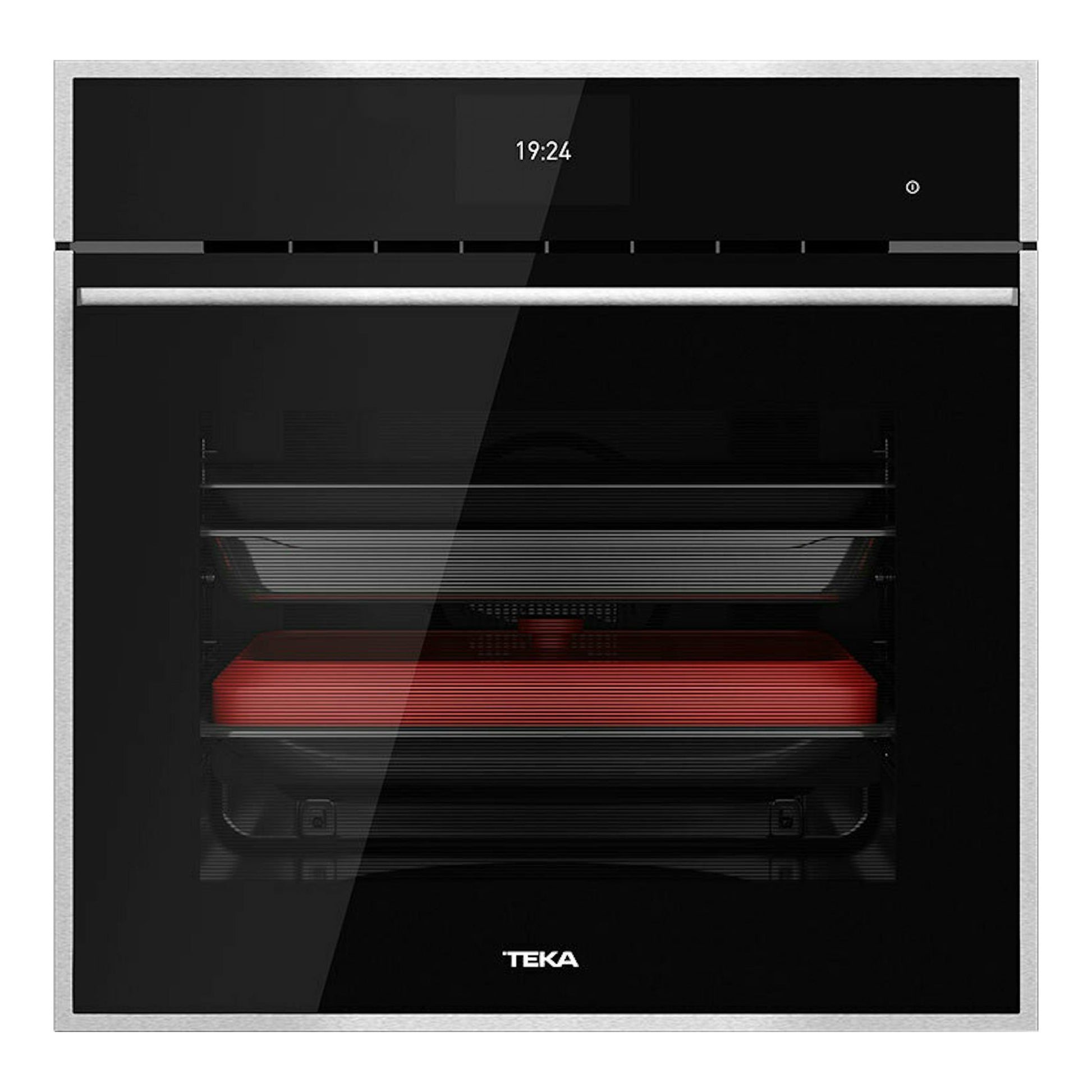 Horno empotrable Teka iOVEN P negro, vista frontal, con frontal de cristal y marco de acero inoxidable.