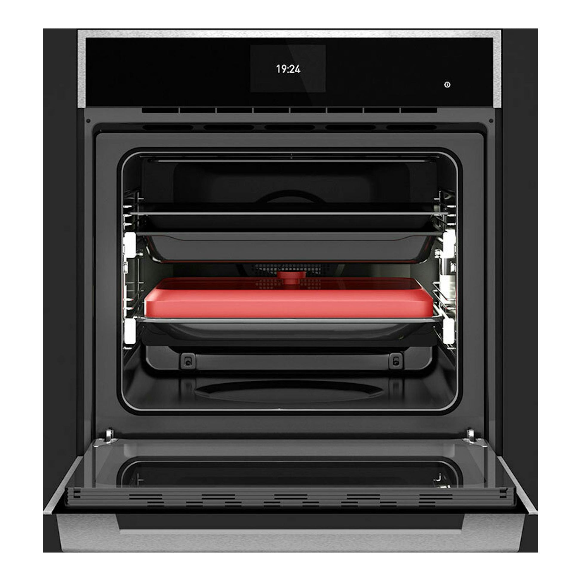 Horno Teka iOVEN P negro, vista frontal con puerta abierta y cavidad interior visible.