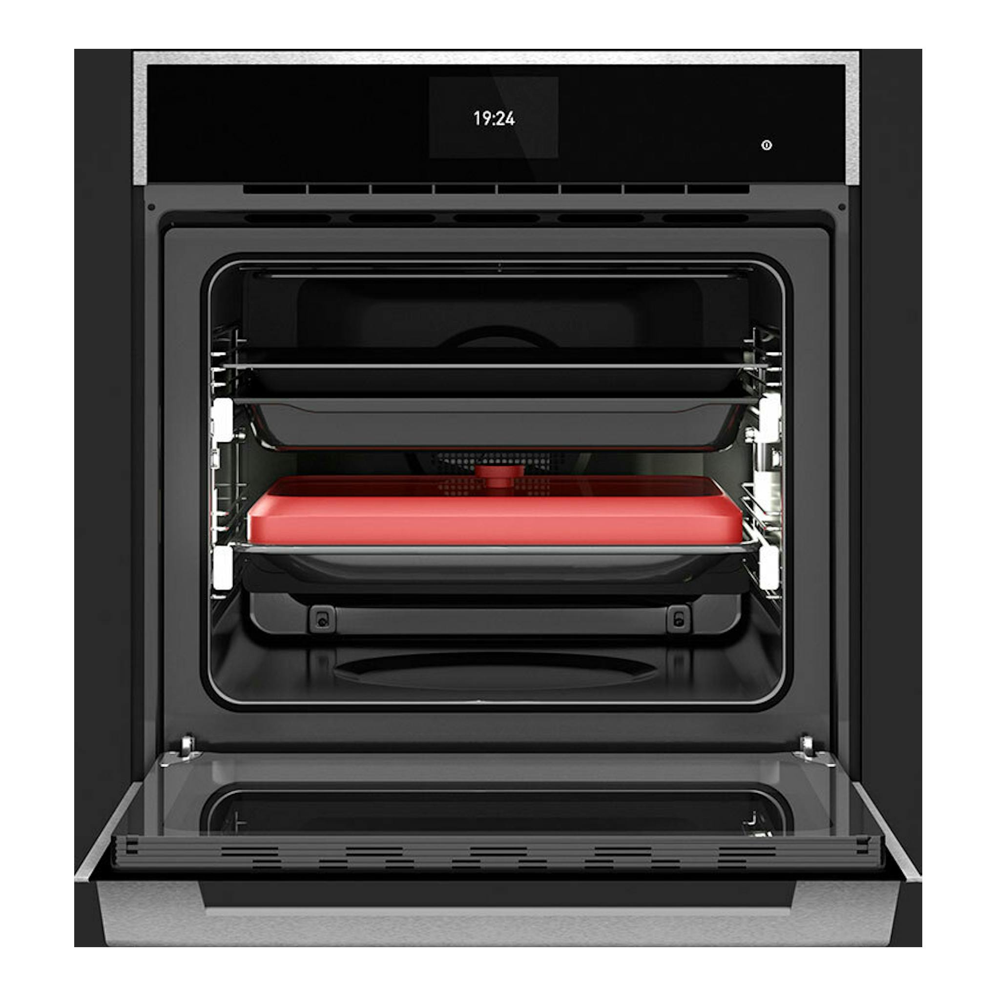 Horno Teka iOVEN P negro, vista frontal con puerta abierta y cavidad interior visible.