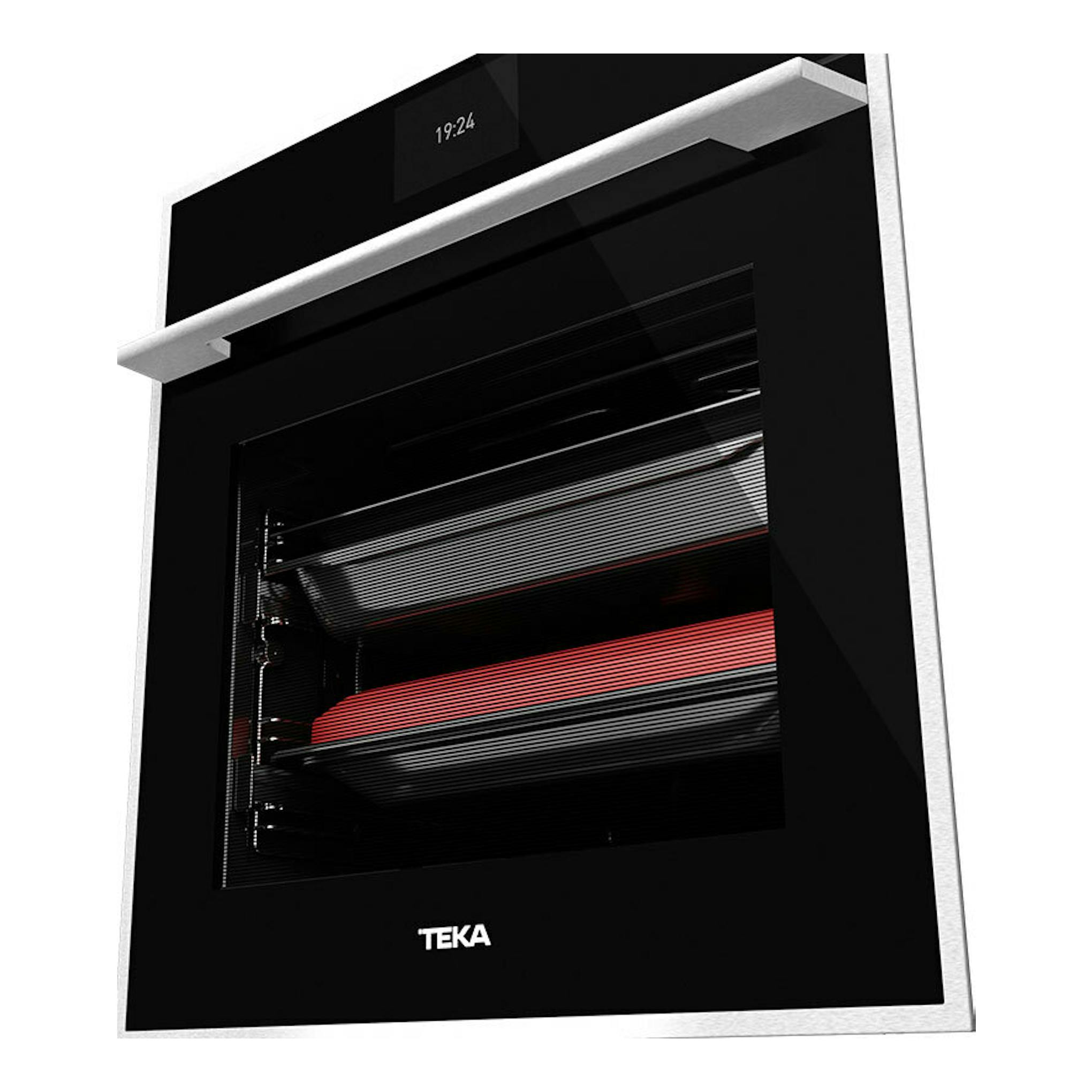 Horno Teka iOVEN P negro, vista frontal en ángulo, con puerta de vidrio negro y marco metálico.