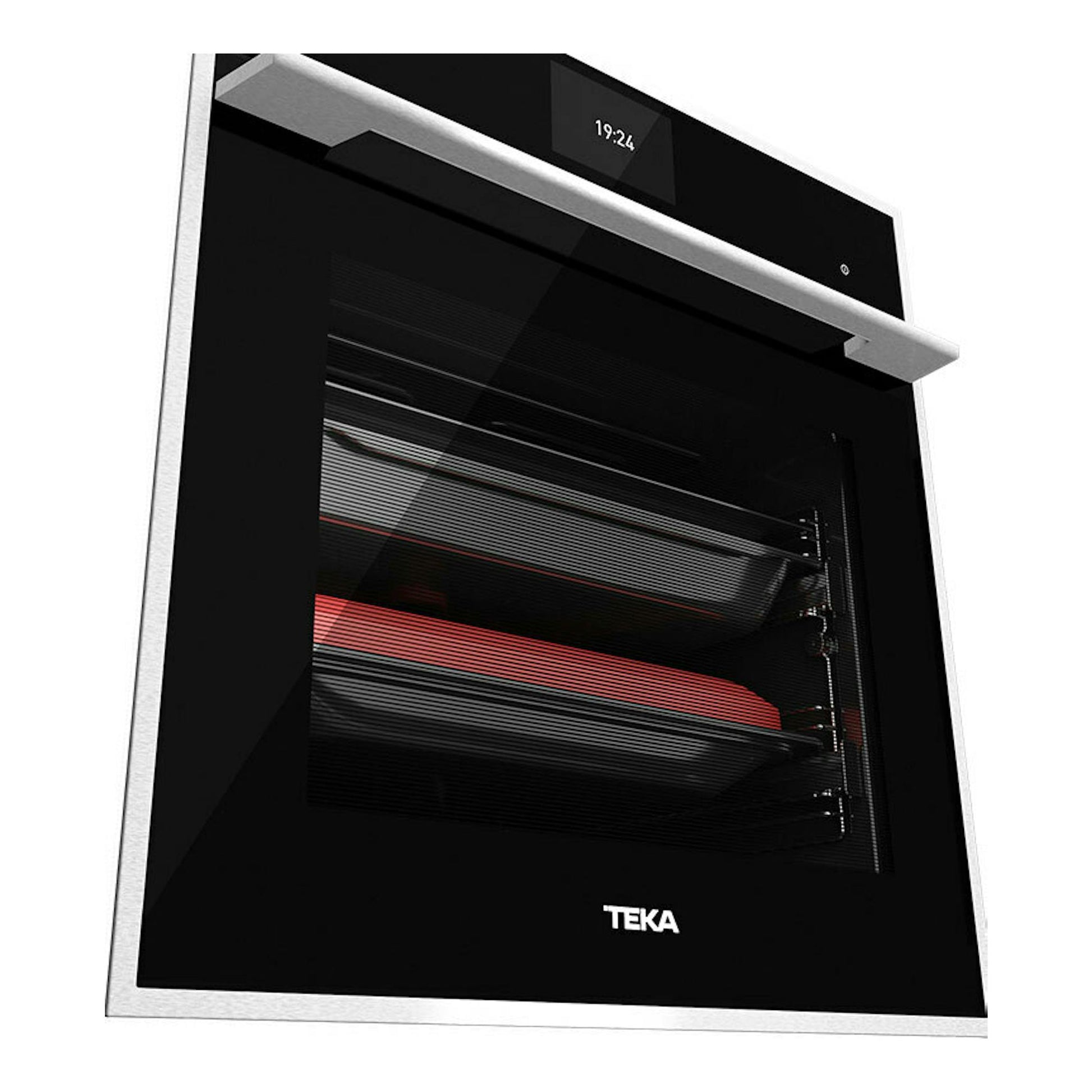 Horno Teka iOVEN P negro, vista frontal en ángulo, puerta de cristal negro y marco inox.