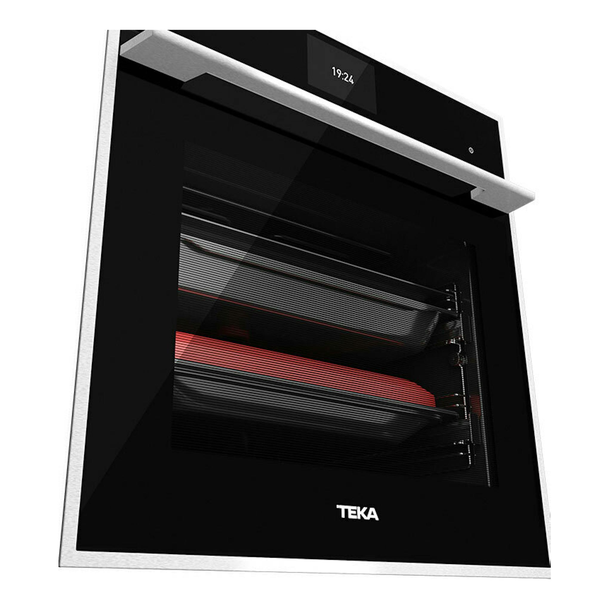 Horno Teka iOVEN P negro, vista frontal en ángulo, puerta de cristal negro y marco inox.