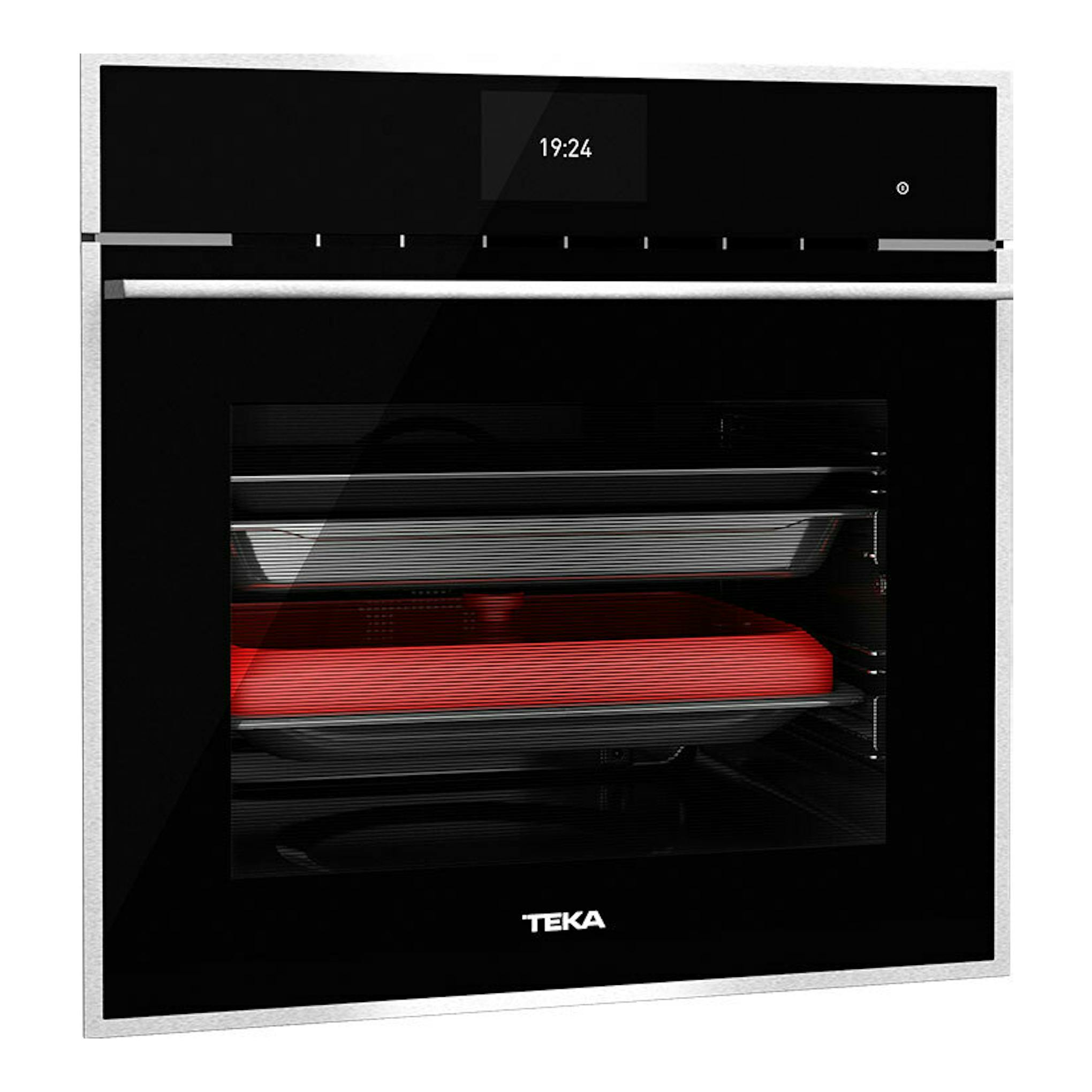 Horno Teka iOVEN P negro, vista frontal, con puerta de vidrio y display digital.