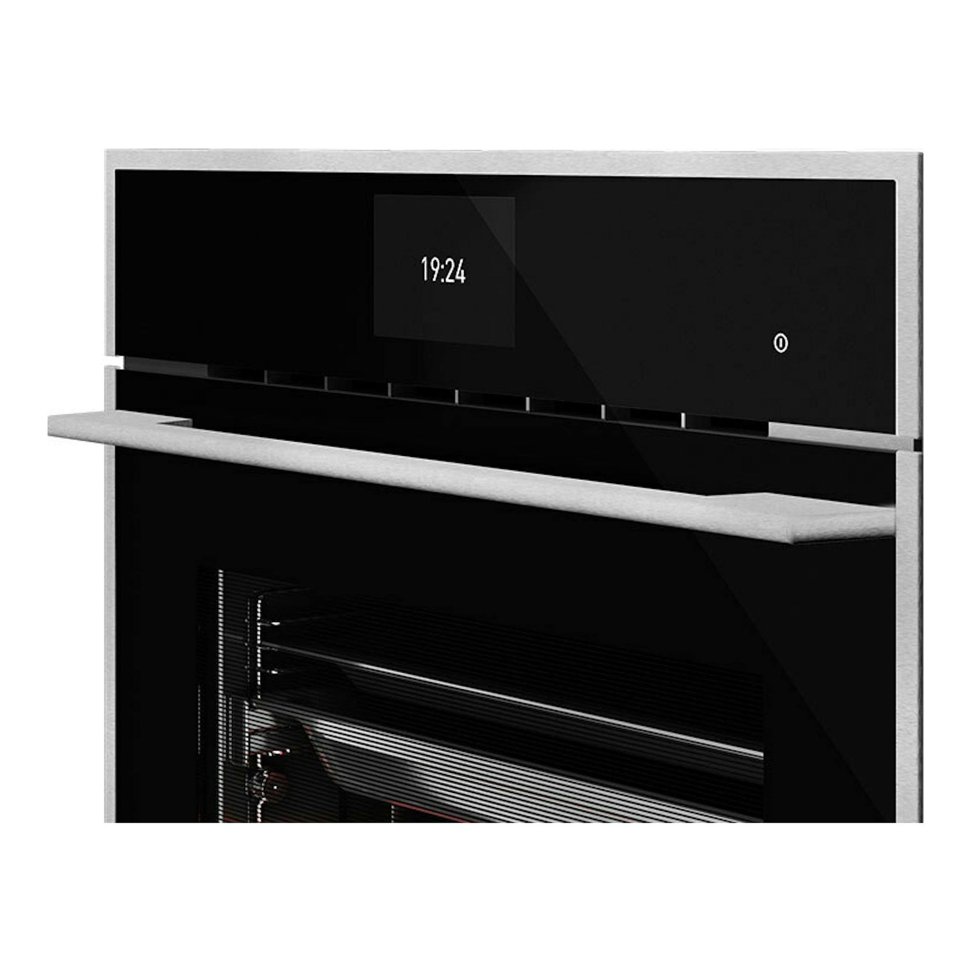 Horno Teka iOVEN P negro, vista frontal, panel de vidrio negro y marco metálico plateado.