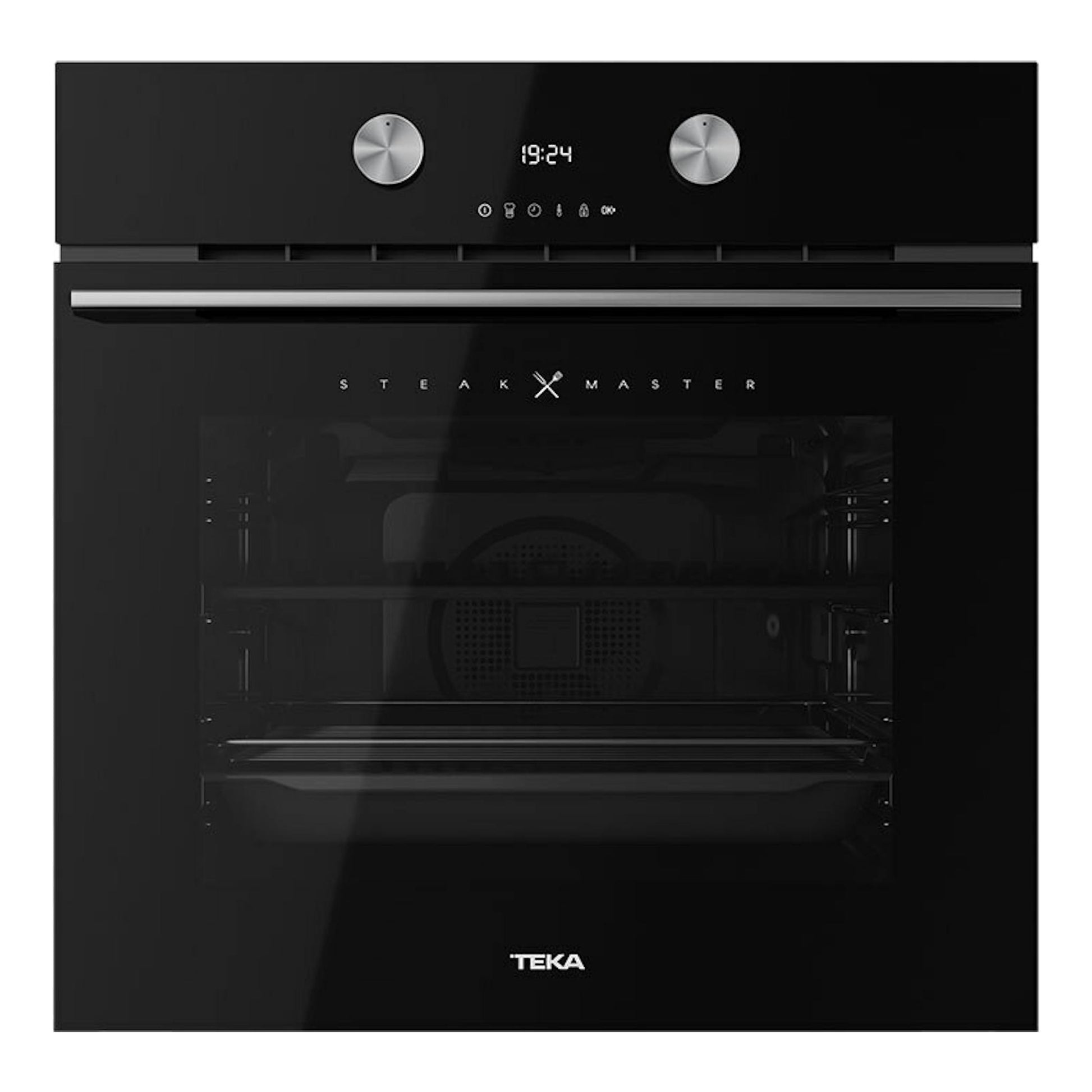 Horno Teka STEAKMASTER Lite de cristal negro, vista frontal, con dos mandos plateados y display digital.