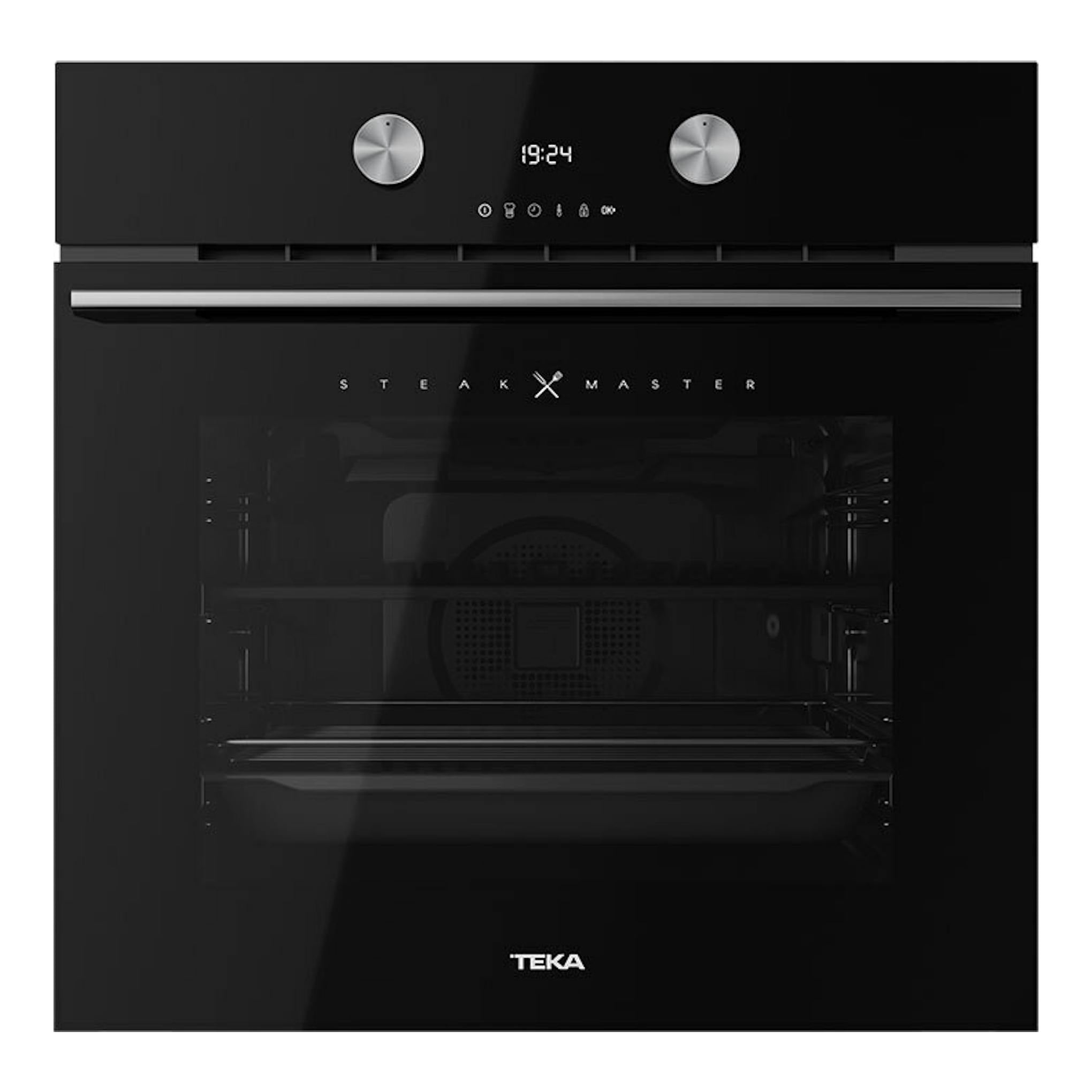 Horno Teka STEAKMASTER Lite de cristal negro, vista frontal, con dos mandos plateados y display digital.